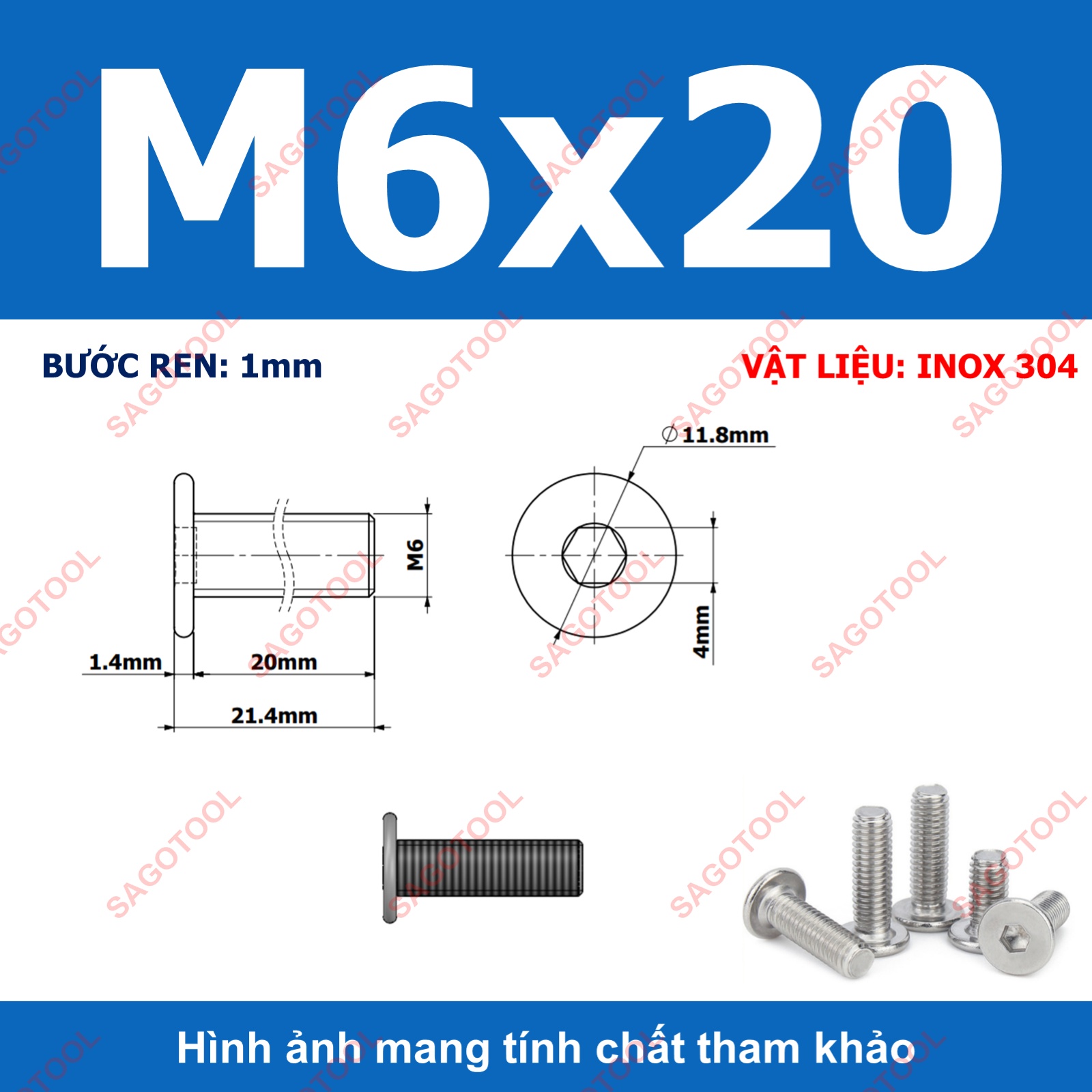 Ốc vít inox 304 đầu lục giác dẹp mỏng phẳng 3ly 4ly 5ly 6ly 8ly (10 con) - Ảnh 29