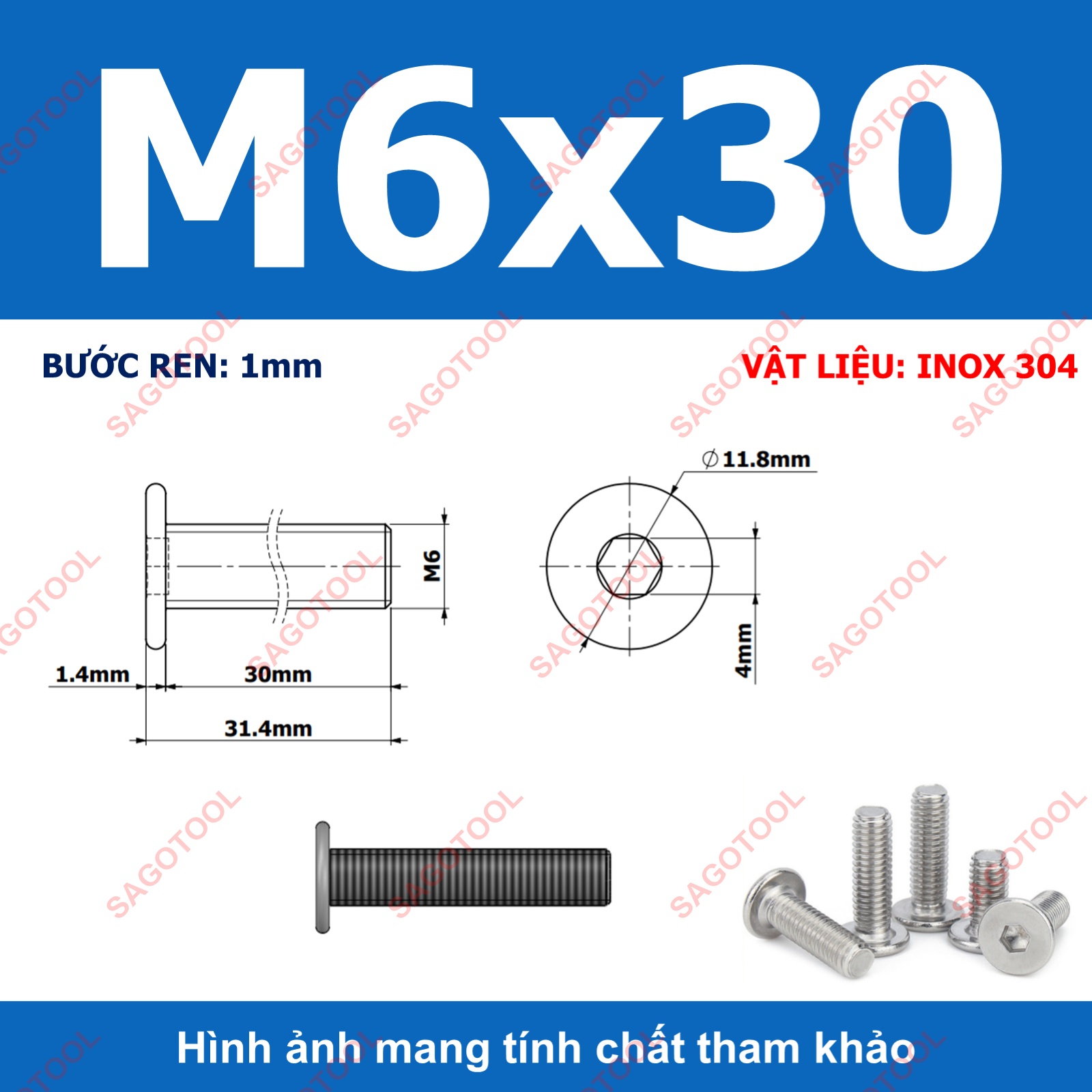 Ốc vít inox 304 đầu lục giác dẹp mỏng phẳng 3ly 4ly 5ly 6ly 8ly (10 con) - Ảnh 30