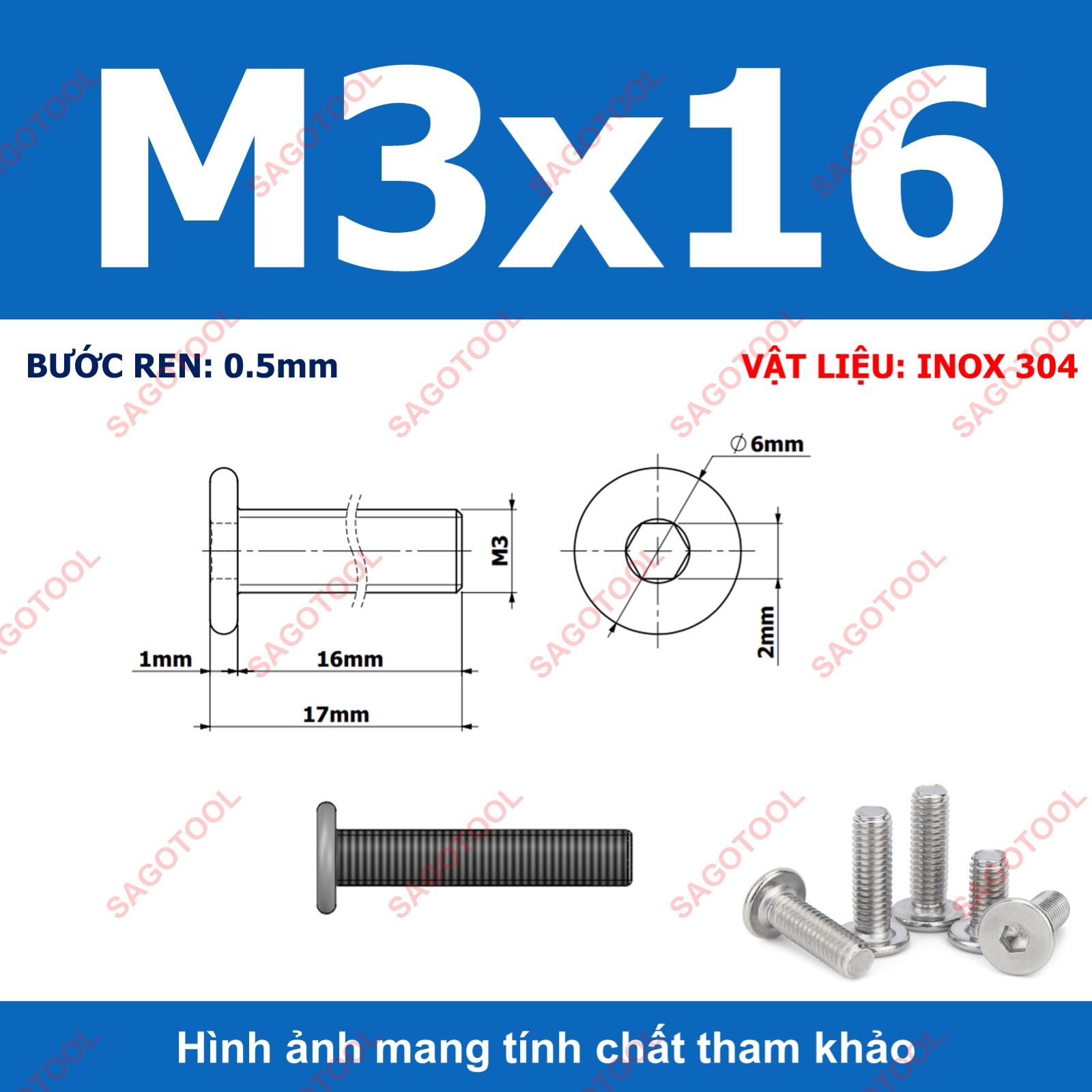 Ốc vít inox 304 đầu lục giác dẹp mỏng phẳng 3ly 4ly 5ly 6ly 8ly (10 con) - Ảnh 9