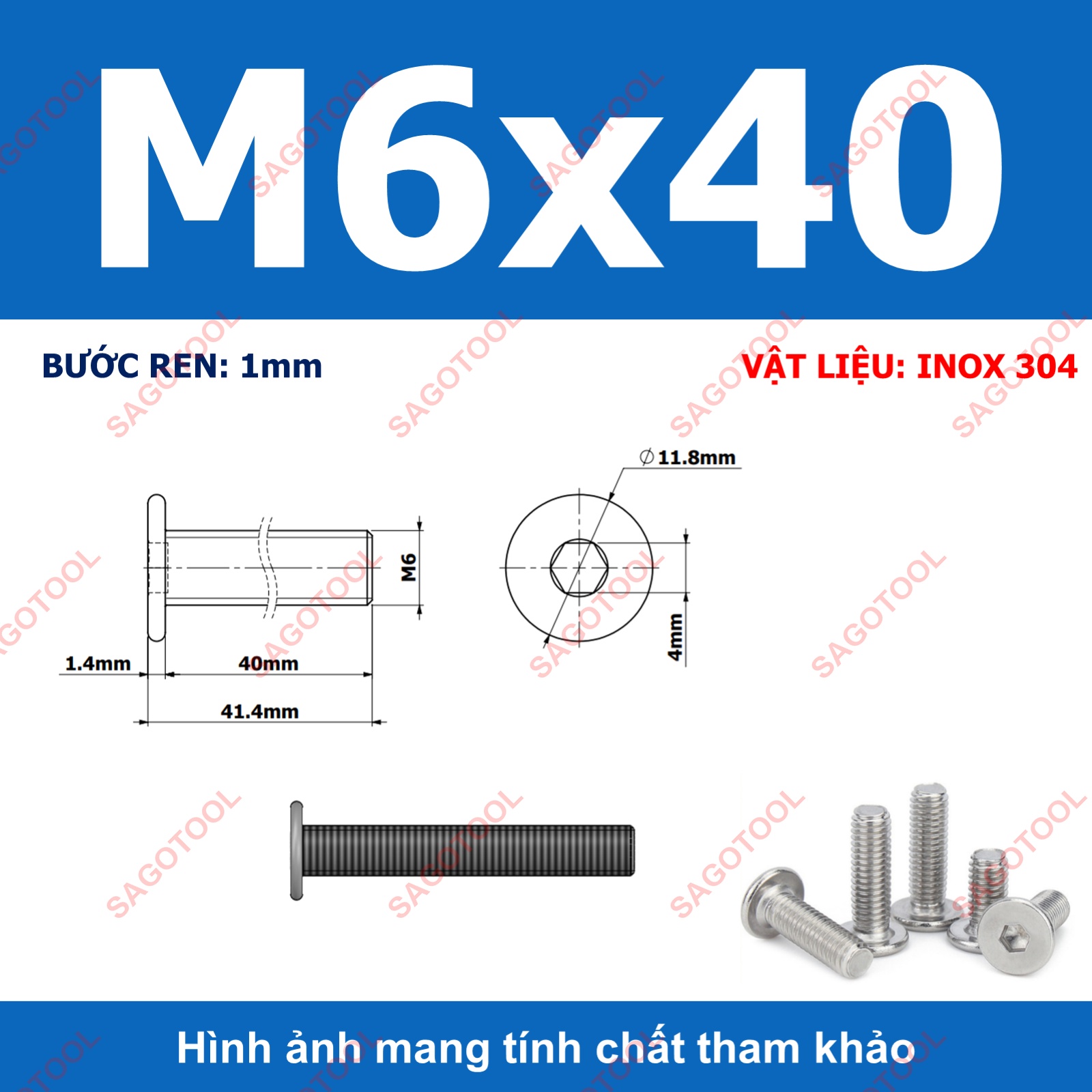 Ốc vít inox 304 đầu lục giác dẹp mỏng phẳng 3ly 4ly 5ly 6ly 8ly (10 con) - Ảnh 31