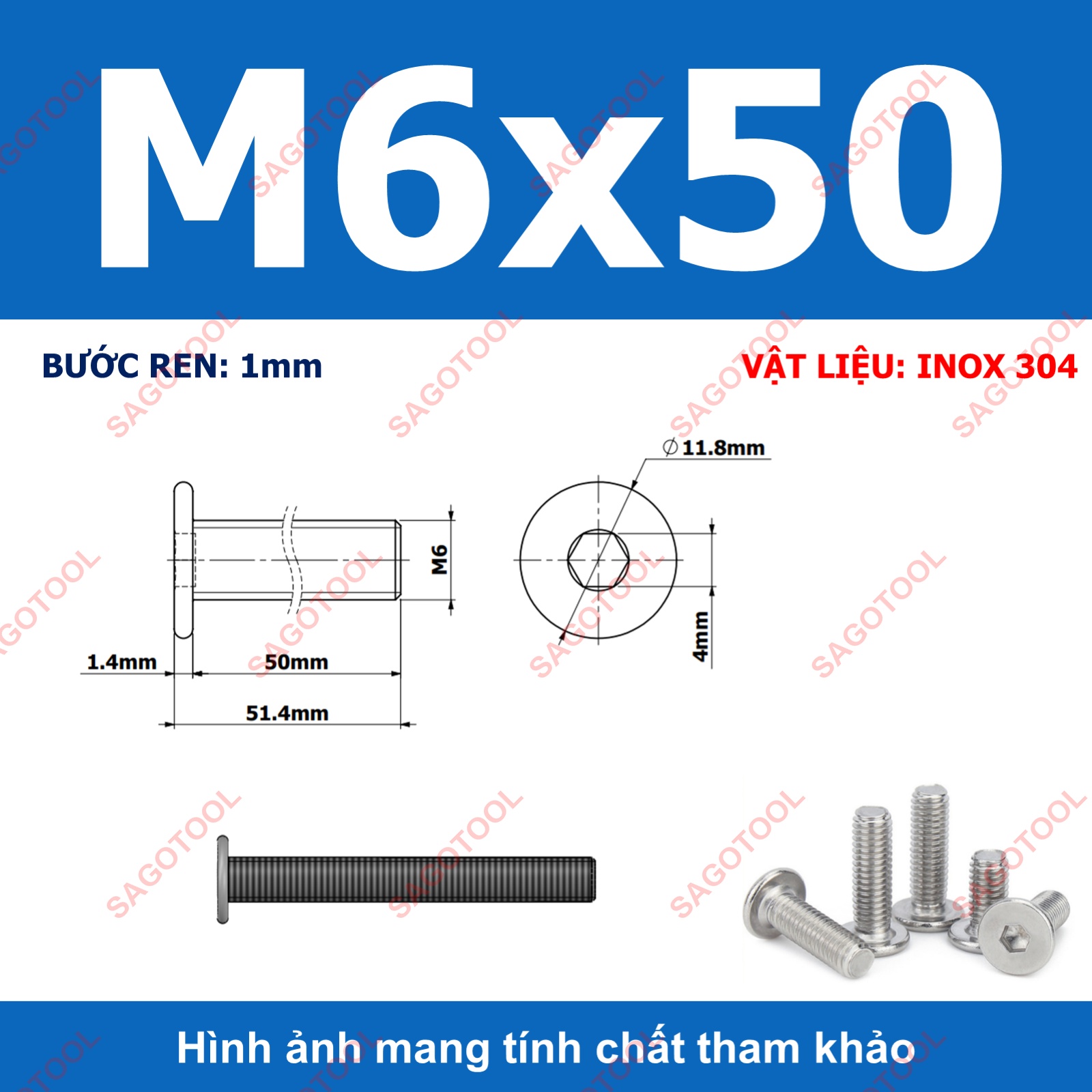 Ốc vít inox 304 đầu lục giác dẹp mỏng phẳng 3ly 4ly 5ly 6ly 8ly (10 con) - Ảnh 32