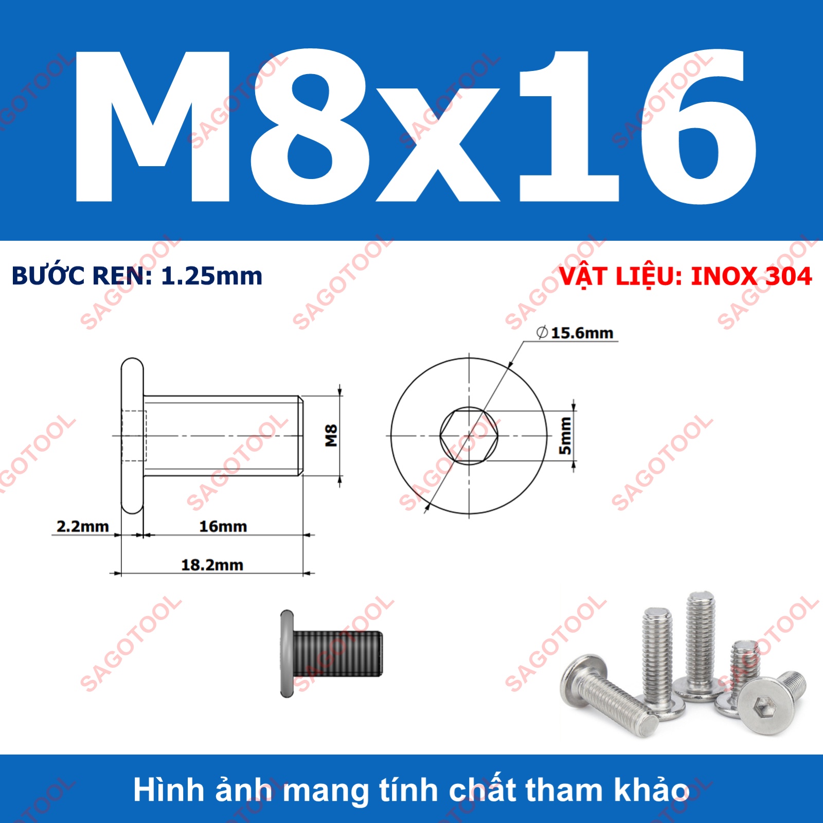 Ốc vít inox 304 đầu lục giác dẹp mỏng phẳng 3ly 4ly 5ly 6ly 8ly (10 con) - Ảnh 34