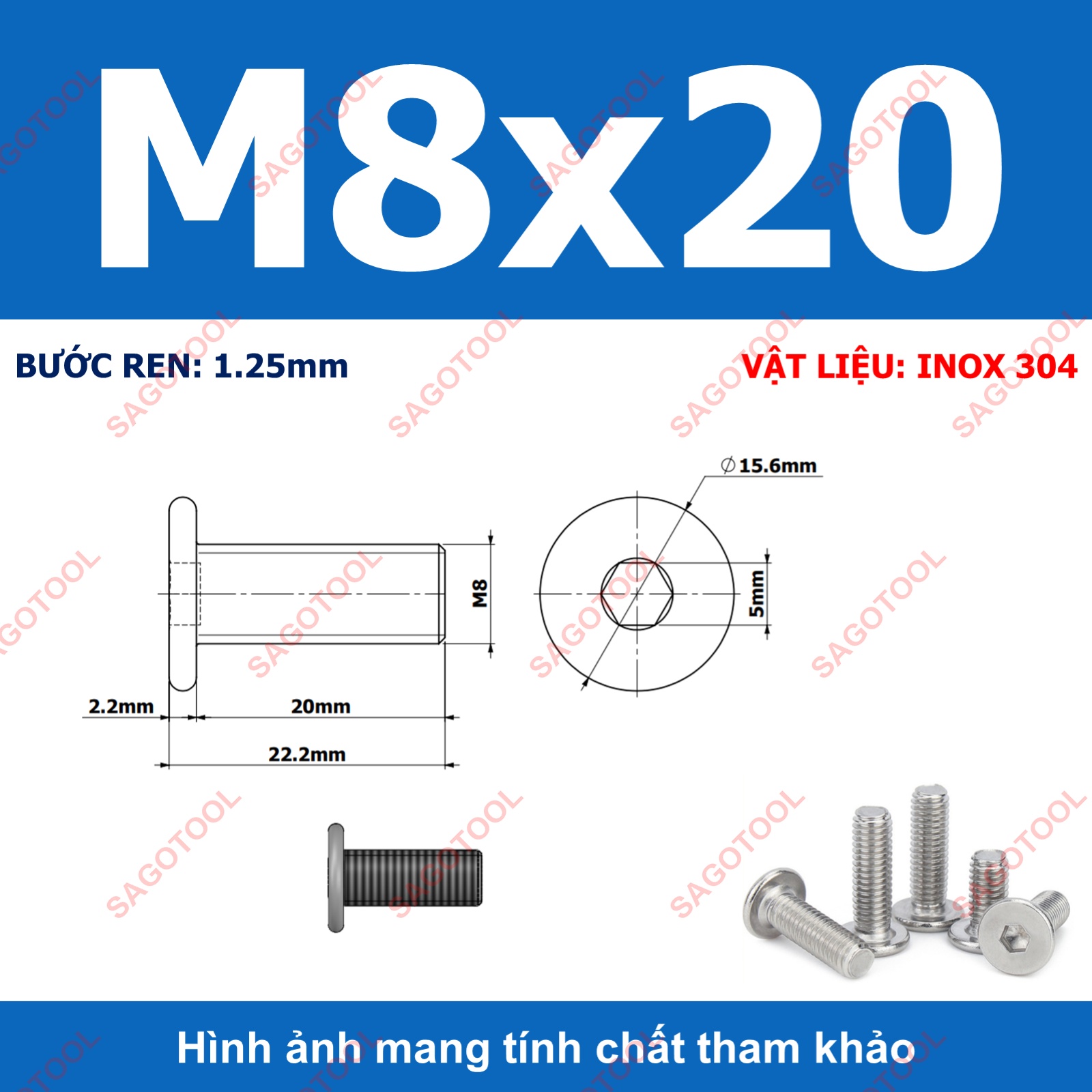Ốc vít inox 304 đầu lục giác dẹp mỏng phẳng 3ly 4ly 5ly 6ly 8ly (10 con) - Ảnh 35