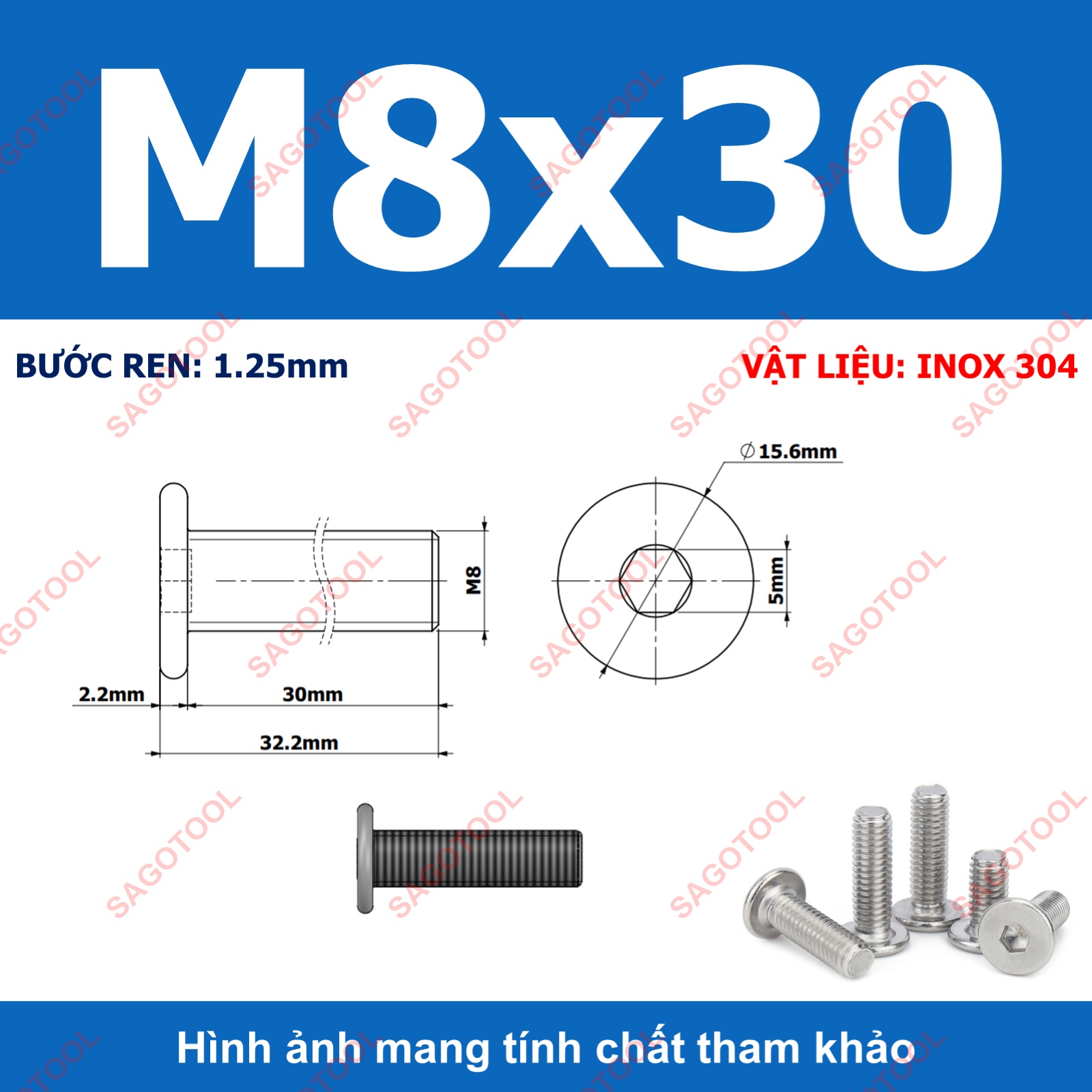 Ốc vít inox 304 đầu lục giác dẹp mỏng phẳng 3ly 4ly 5ly 6ly 8ly (10 con) - Ảnh 36