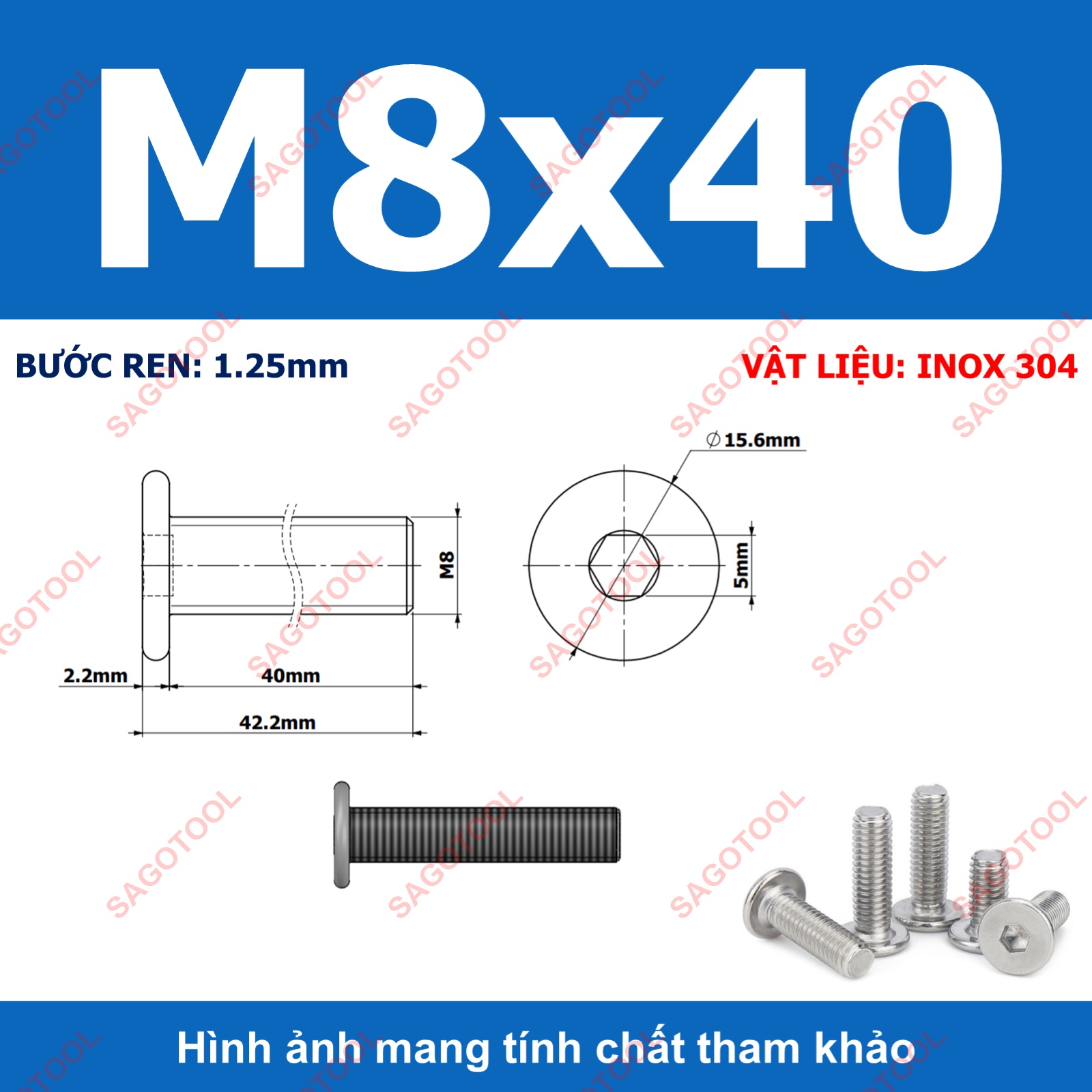 Ốc vít inox 304 đầu lục giác dẹp mỏng phẳng 3ly 4ly 5ly 6ly 8ly (10 con) - Ảnh 37