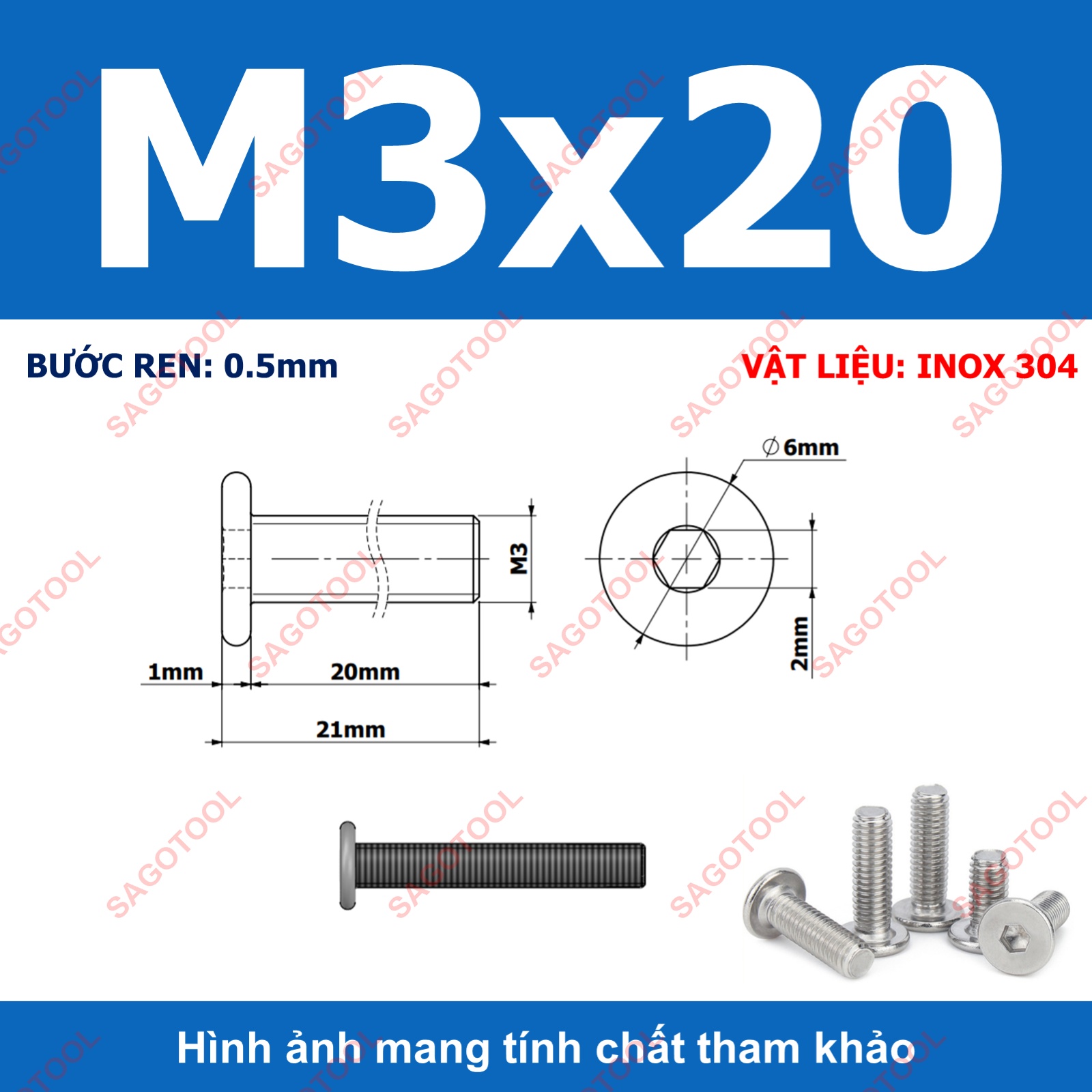 Ốc vít inox 304 đầu lục giác dẹp mỏng phẳng 3ly 4ly 5ly 6ly 8ly (10 con) - Ảnh 10