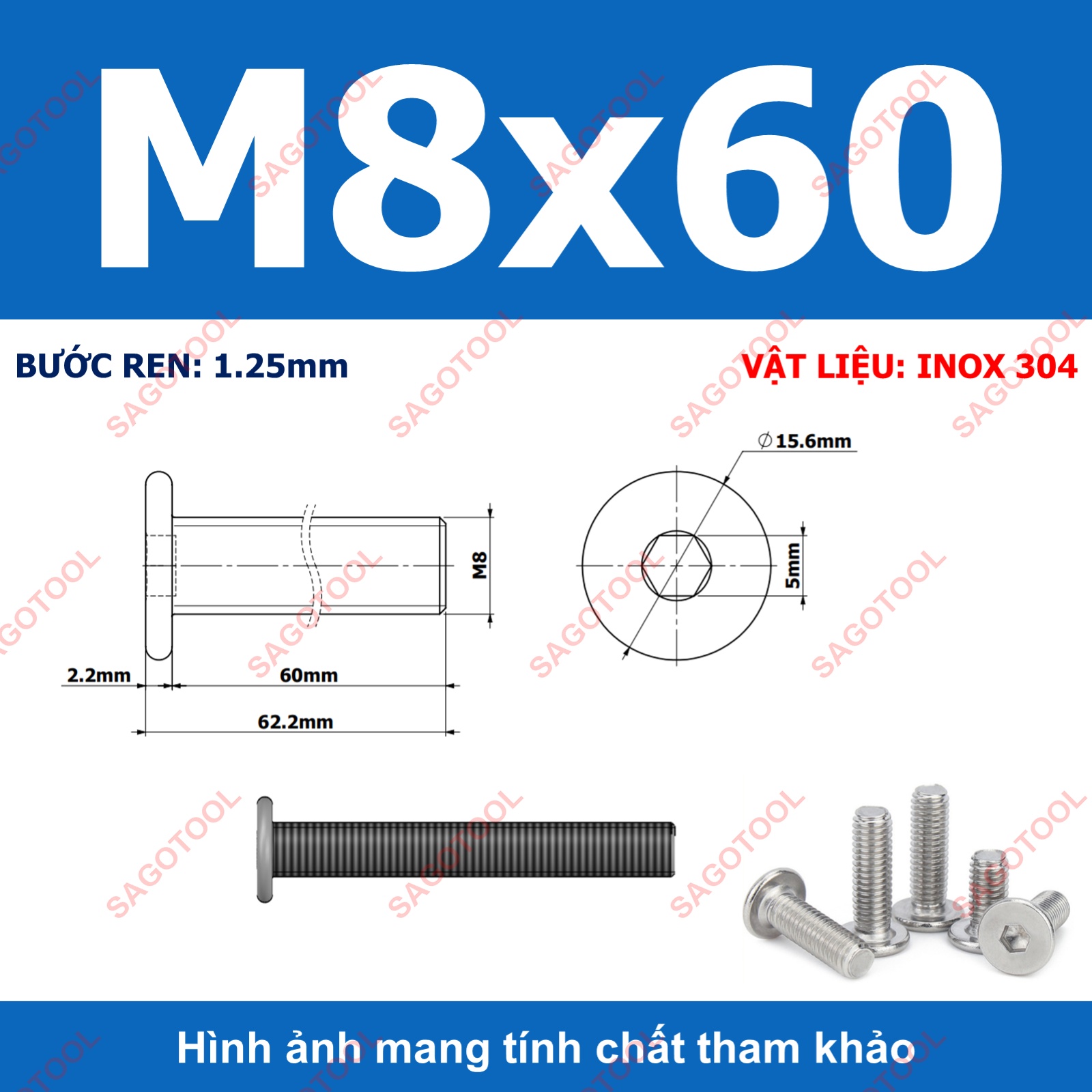Ốc vít inox 304 đầu lục giác dẹp mỏng phẳng 3ly 4ly 5ly 6ly 8ly (10 con) - Ảnh 38