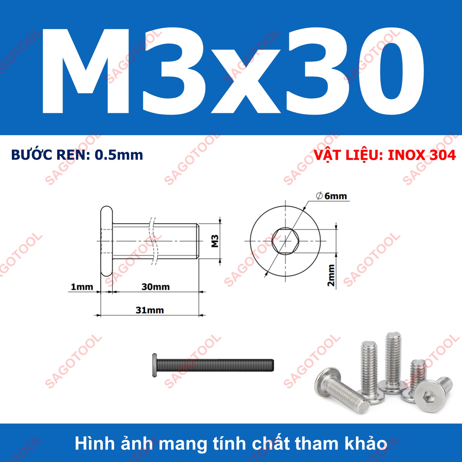 Ốc vít inox 304 đầu lục giác dẹp mỏng phẳng 3ly 4ly 5ly 6ly 8ly (10 con) - Ảnh 11