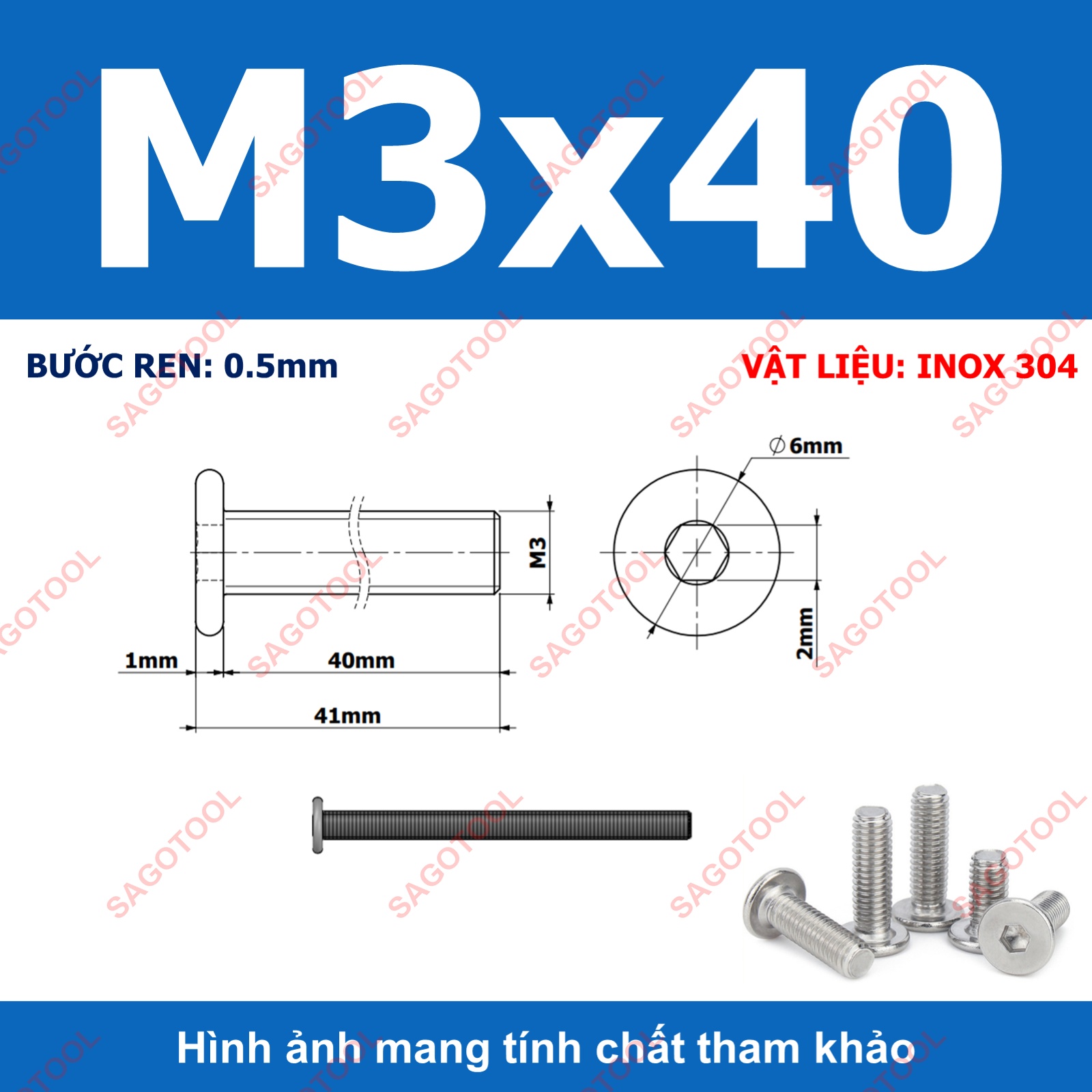 Ốc vít inox 304 đầu lục giác dẹp mỏng phẳng 3ly 4ly 5ly 6ly 8ly (10 con) - Ảnh 12