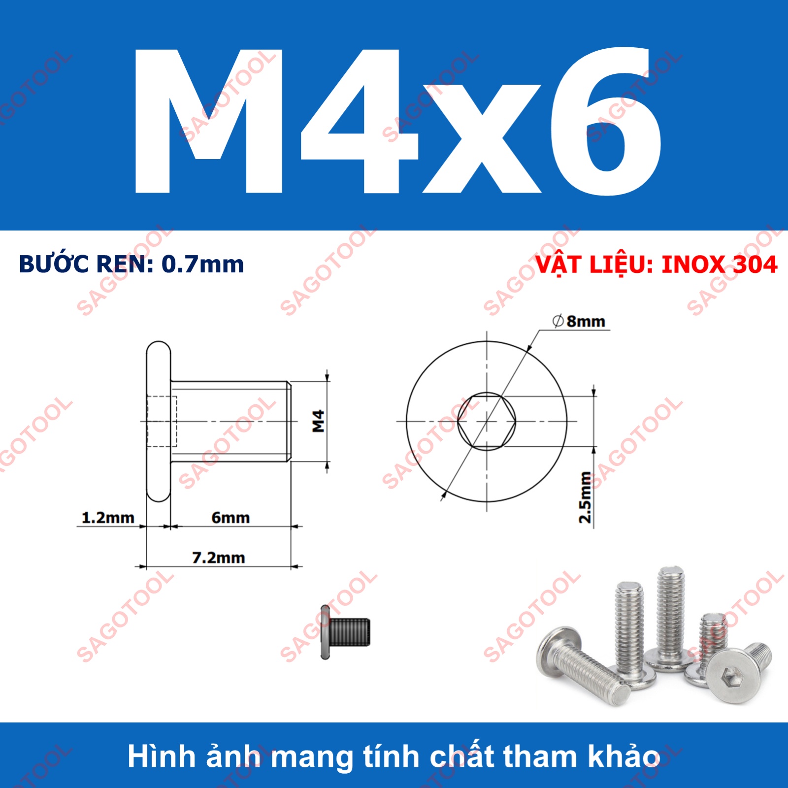 Ốc vít inox 304 đầu lục giác dẹp mỏng phẳng 3ly 4ly 5ly 6ly 8ly (10 con) - Ảnh 13