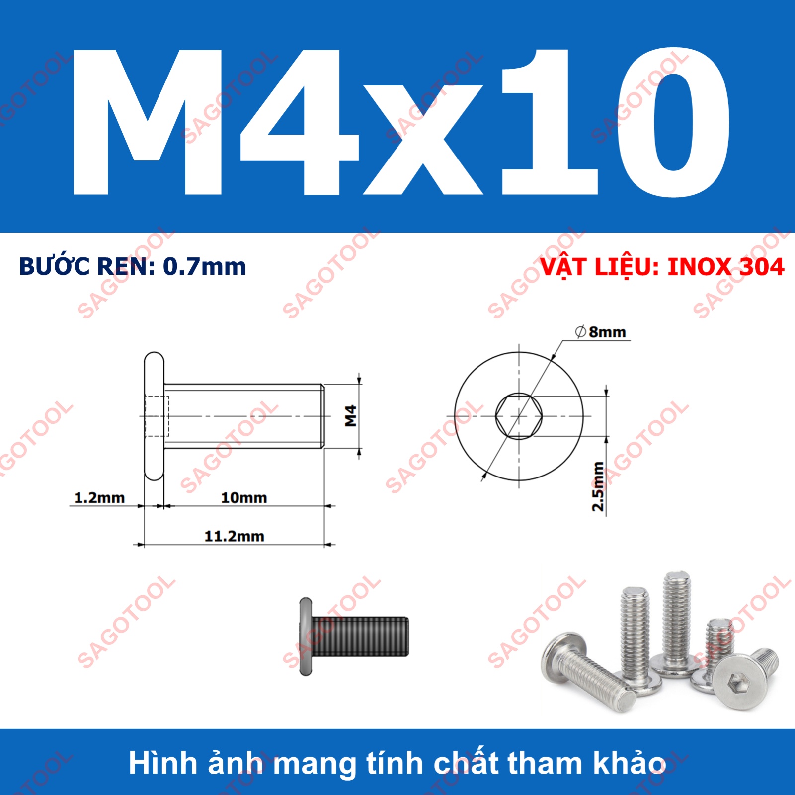 Ốc vít inox 304 đầu lục giác dẹp mỏng phẳng 3ly 4ly 5ly 6ly 8ly (10 con) - Ảnh 14