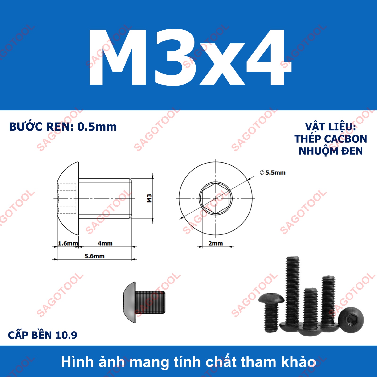 Ốc lục giác thép đen, Bulong lục giác đầu dù thép tôi đen cấp bền 10.9 đủ size (20 Con) - Ảnh 6