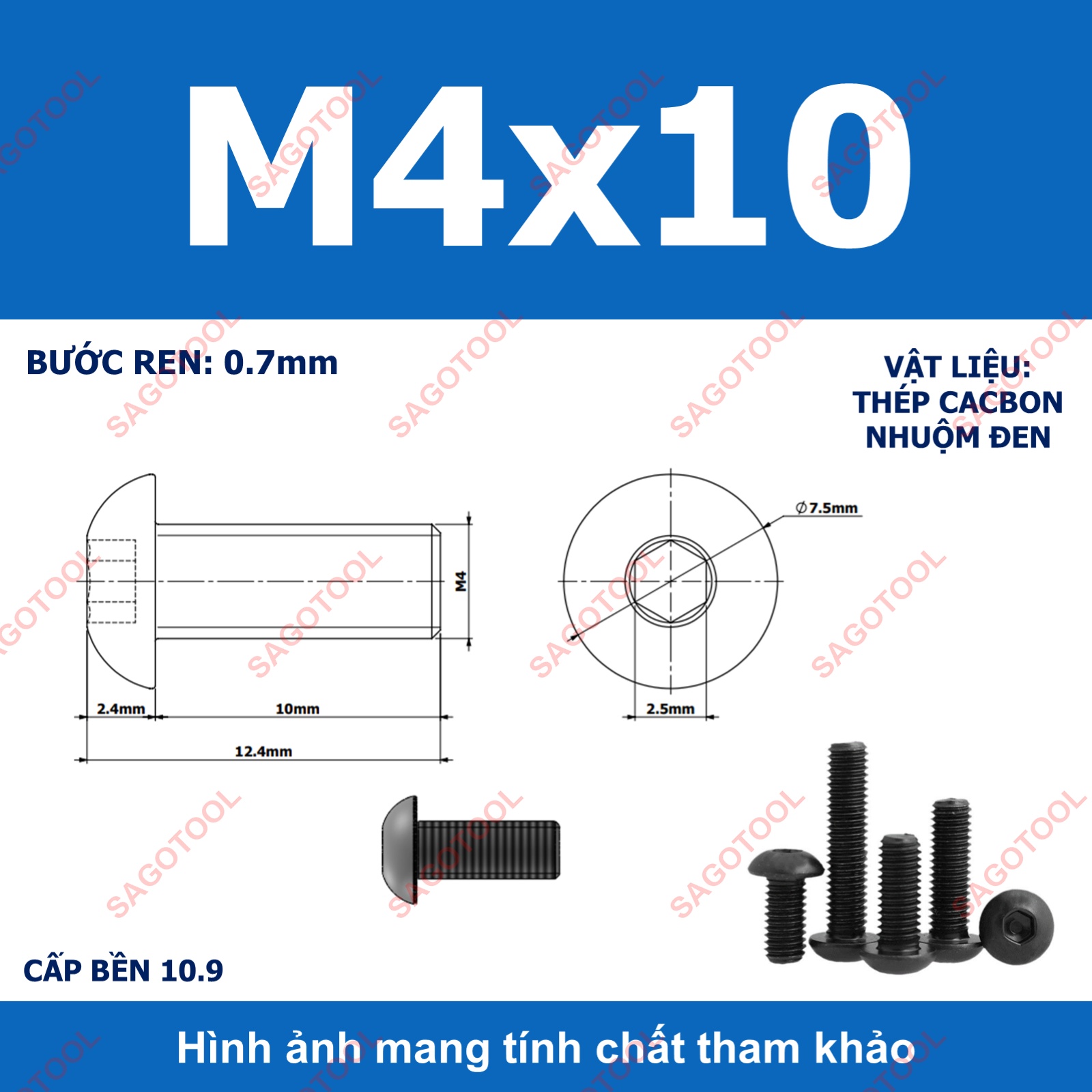 Ốc lục giác thép đen, Bulong lục giác đầu dù thép tôi đen cấp bền 10.9 đủ size (20 Con) - Ảnh 12
