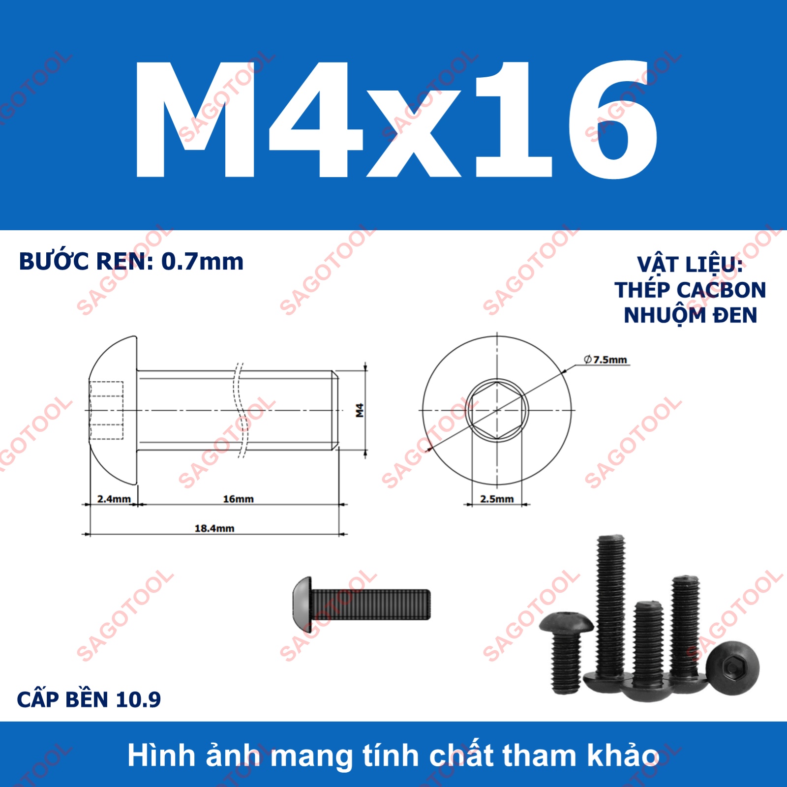 Ốc lục giác thép đen, Bulong lục giác đầu dù thép tôi đen cấp bền 10.9 đủ size (20 Con) - Ảnh 13