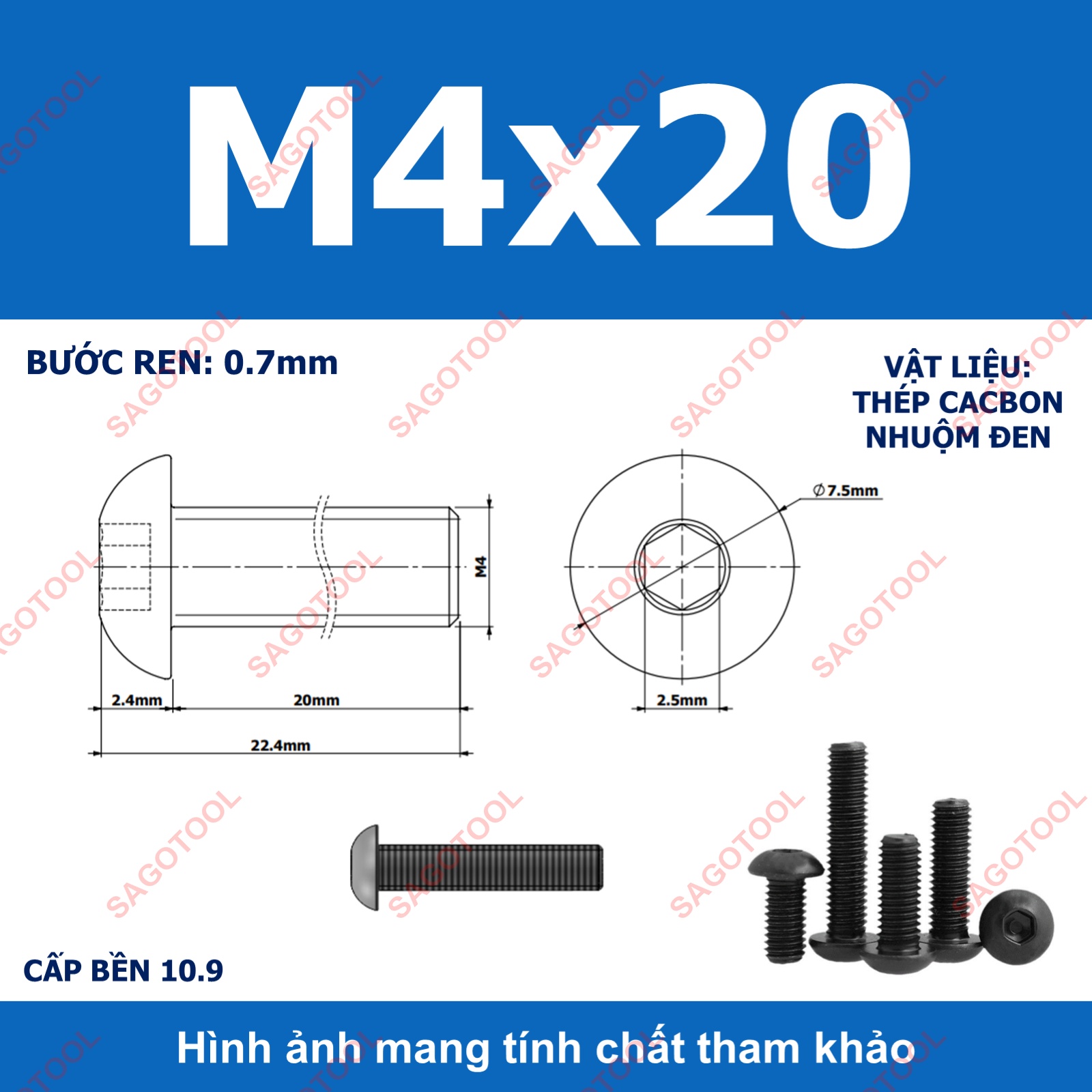 Ốc lục giác thép đen, Bulong lục giác đầu dù thép tôi đen cấp bền 10.9 đủ size (20 Con) - Ảnh 14