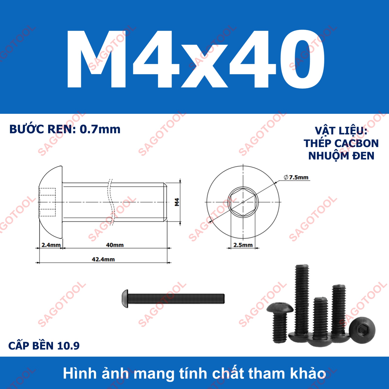 Ốc lục giác thép đen, Bulong lục giác đầu dù thép tôi đen cấp bền 10.9 đủ size (20 Con) - Ảnh 16