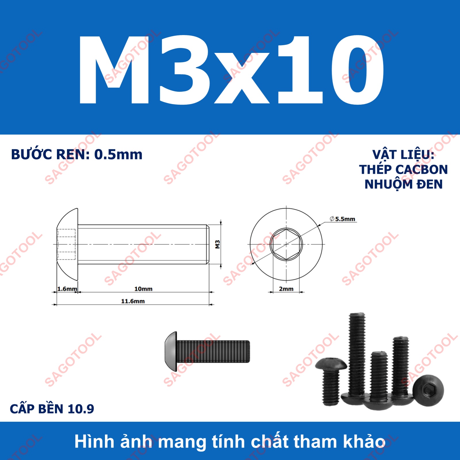 Ốc lục giác thép đen, Bulong lục giác đầu dù thép tôi đen cấp bền 10.9 đủ size (20 Con) - Ảnh 7