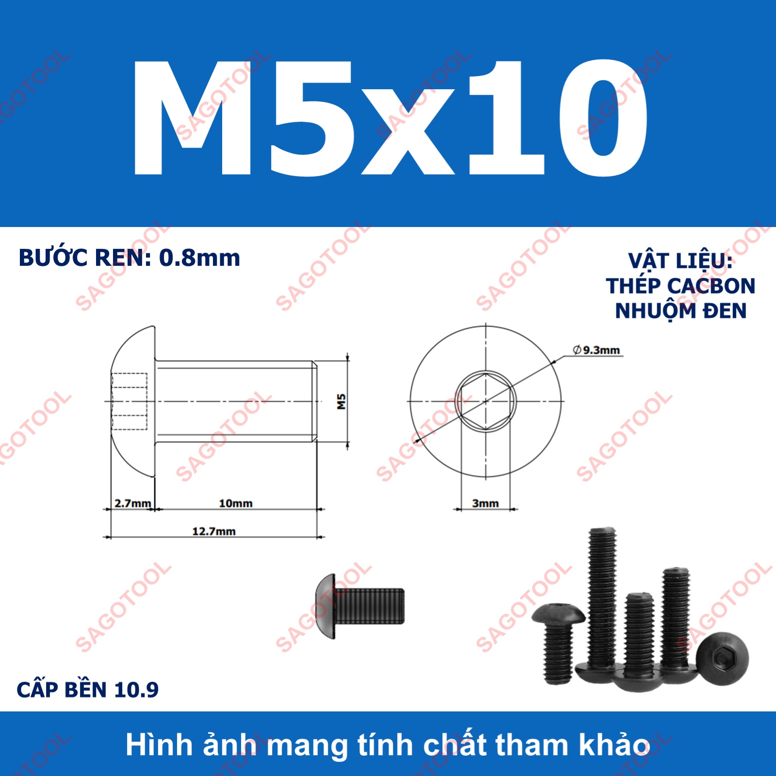 Ốc lục giác thép đen, Bulong lục giác đầu dù thép tôi đen cấp bền 10.9 đủ size (20 Con) - Ảnh 18