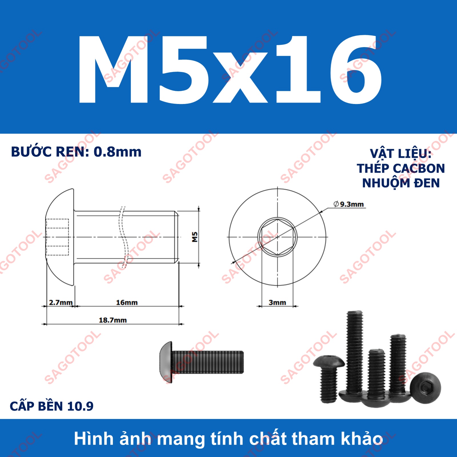 Ốc lục giác thép đen, Bulong lục giác đầu dù thép tôi đen cấp bền 10.9 đủ size (20 Con) - Ảnh 19
