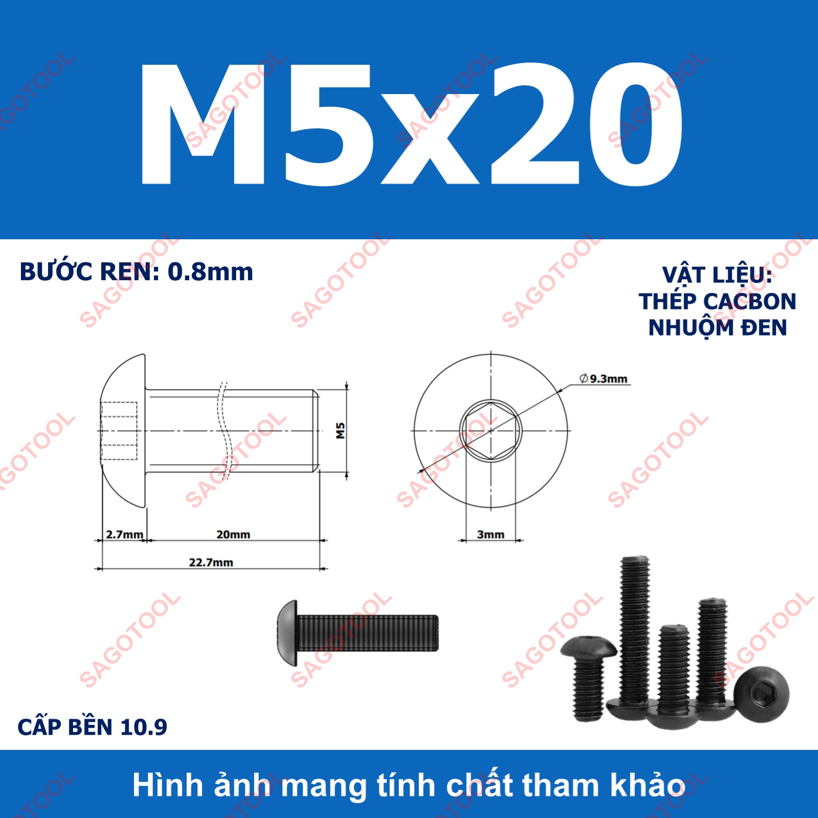 Ốc lục giác thép đen, Bulong lục giác đầu dù thép tôi đen cấp bền 10.9 đủ size (20 Con) - Ảnh 20