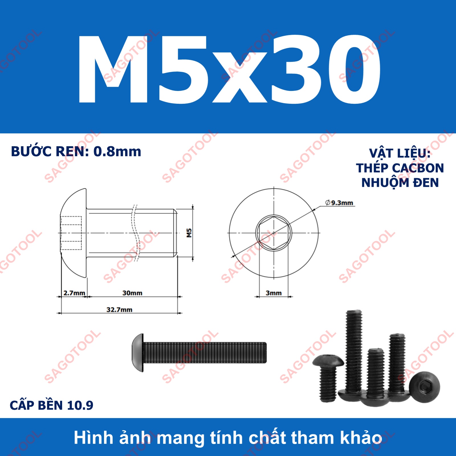 Ốc lục giác thép đen, Bulong lục giác đầu dù thép tôi đen cấp bền 10.9 đủ size (20 Con) - Ảnh 21