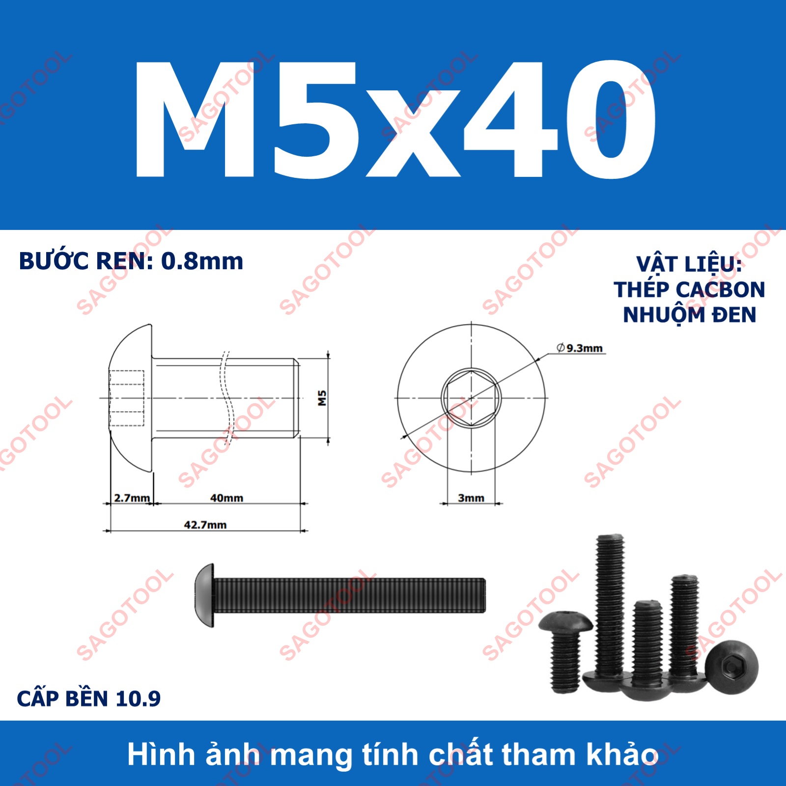 Ốc lục giác thép đen, Bulong lục giác đầu dù thép tôi đen cấp bền 10.9 đủ size (20 Con) - Ảnh 22