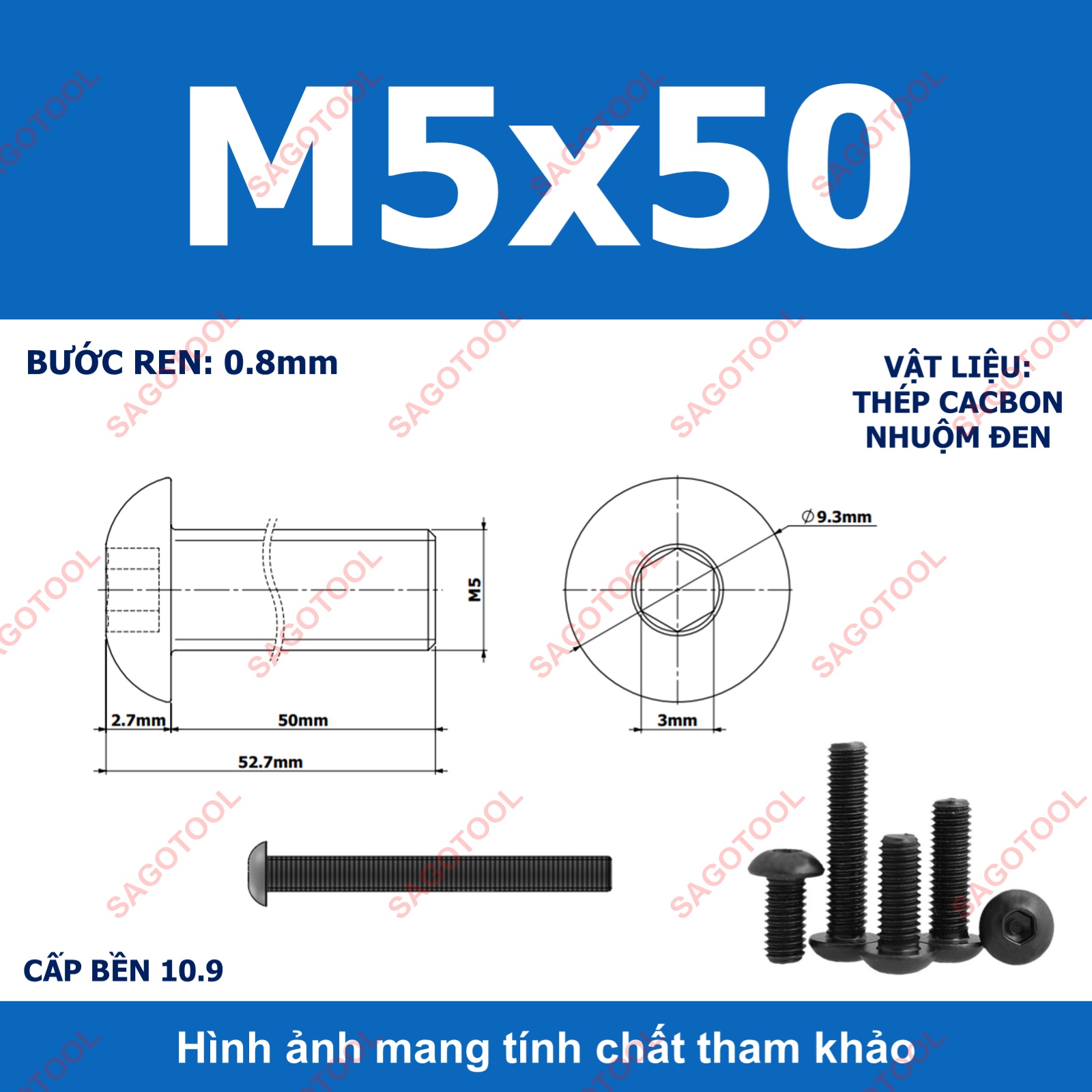 Ốc lục giác thép đen, Bulong lục giác đầu dù thép tôi đen cấp bền 10.9 đủ size (20 Con) - Ảnh 17