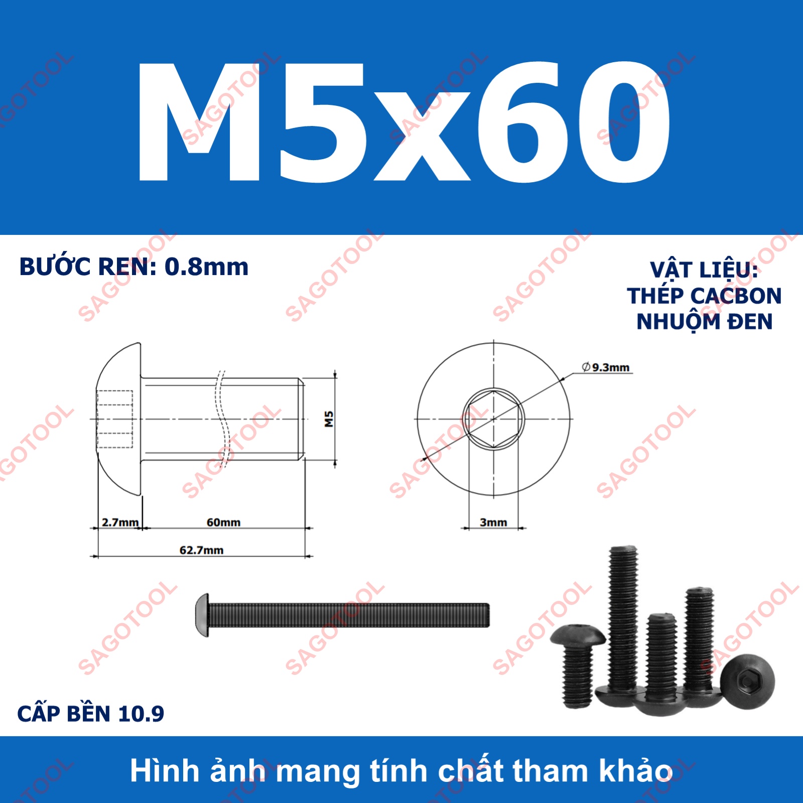 Ốc lục giác thép đen, Bulong lục giác đầu dù thép tôi đen cấp bền 10.9 đủ size (20 Con) - Ảnh 23
