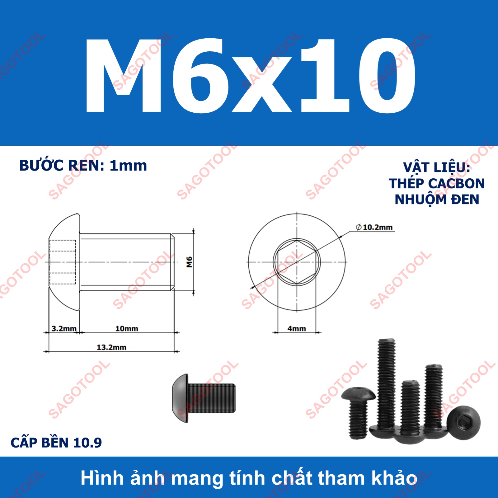 Ốc lục giác thép đen, Bulong lục giác đầu dù thép tôi đen cấp bền 10.9 đủ size (20 Con) - Ảnh 24