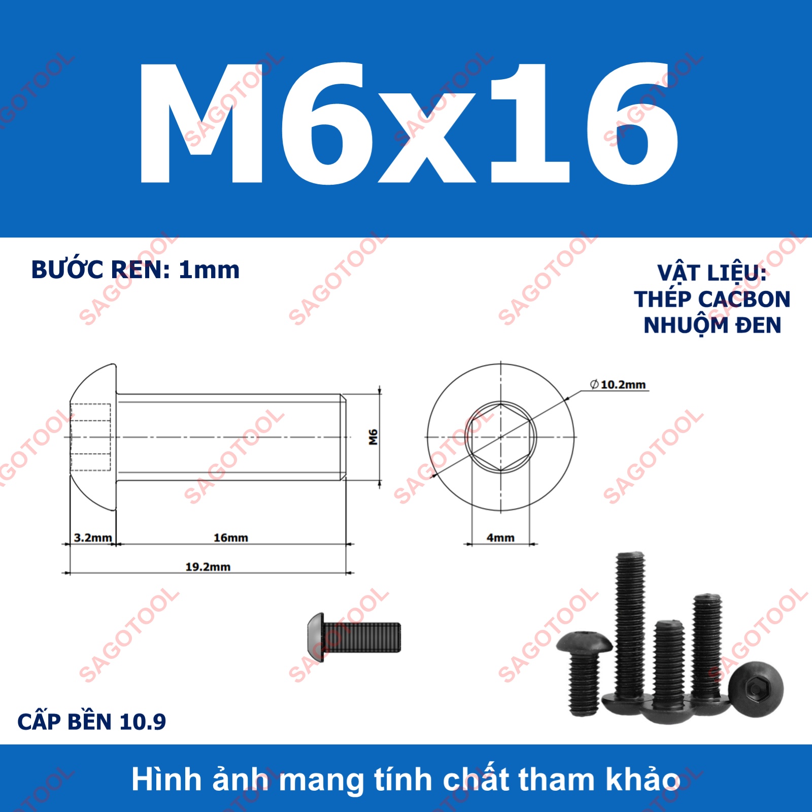 Ốc lục giác thép đen, Bulong lục giác đầu dù thép tôi đen cấp bền 10.9 đủ size (20 Con) - Ảnh 25