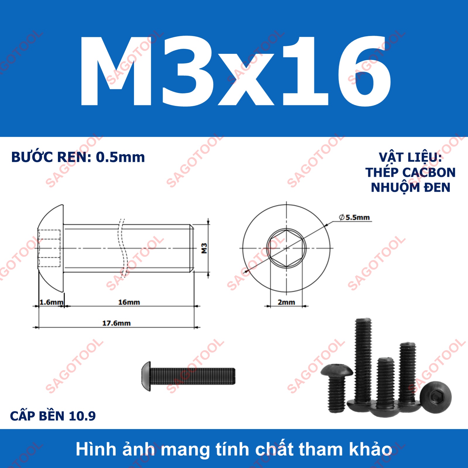 Ốc lục giác thép đen, Bulong lục giác đầu dù thép tôi đen cấp bền 10.9 đủ size (20 Con) - Ảnh 8