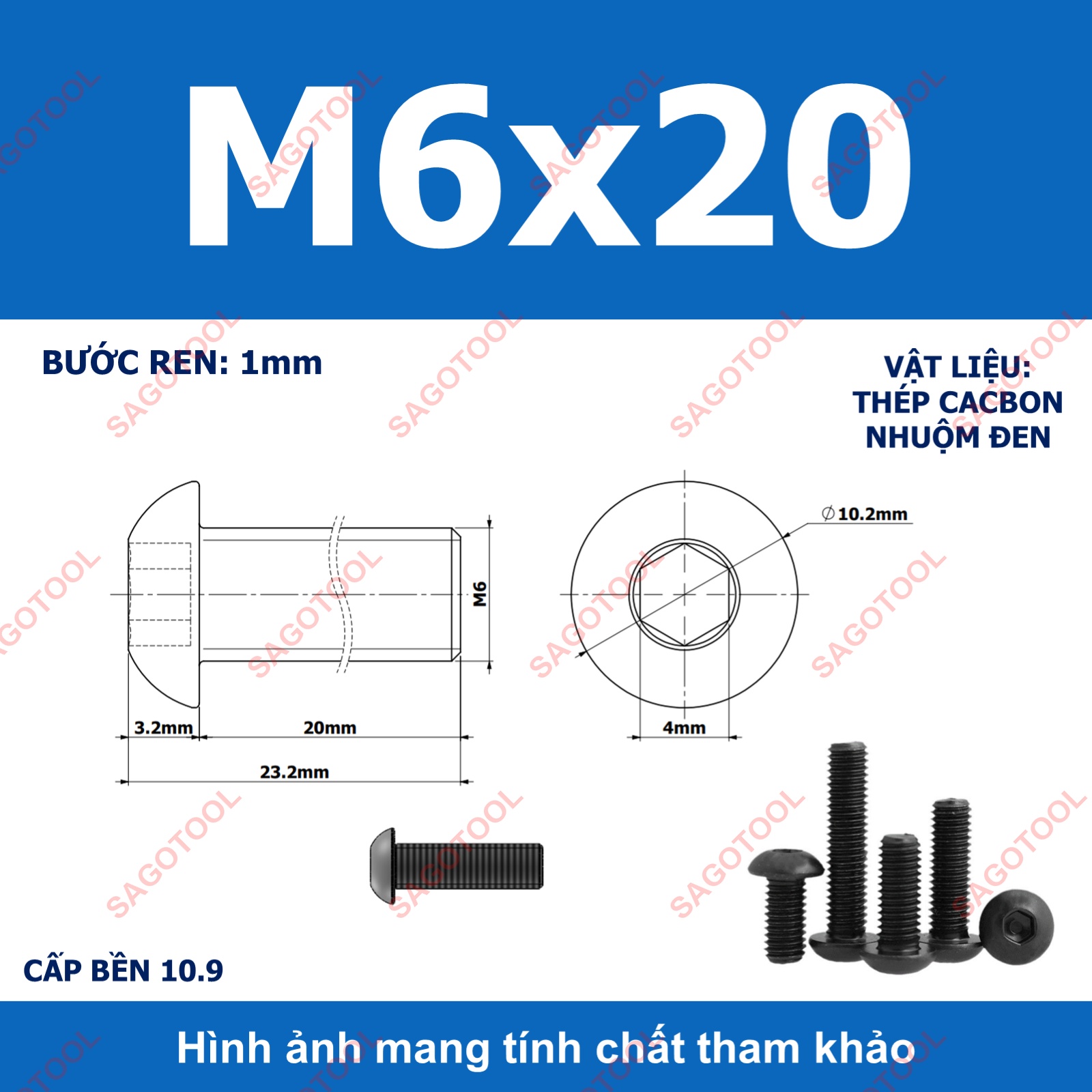 Ốc lục giác thép đen, Bulong lục giác đầu dù thép tôi đen cấp bền 10.9 đủ size (20 Con) - Ảnh 26