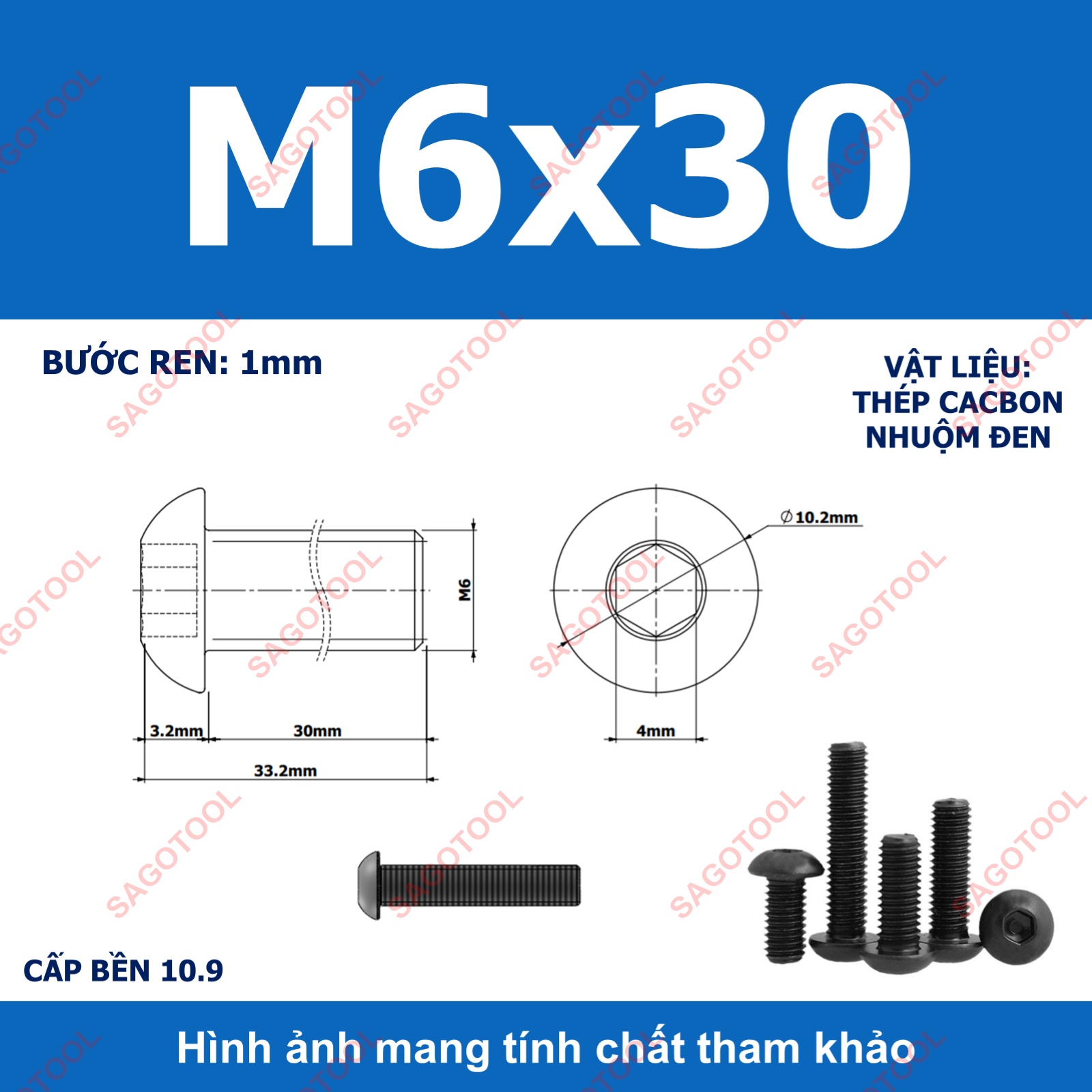 Ốc lục giác thép đen, Bulong lục giác đầu dù thép tôi đen cấp bền 10.9 đủ size (20 Con) - Ảnh 27