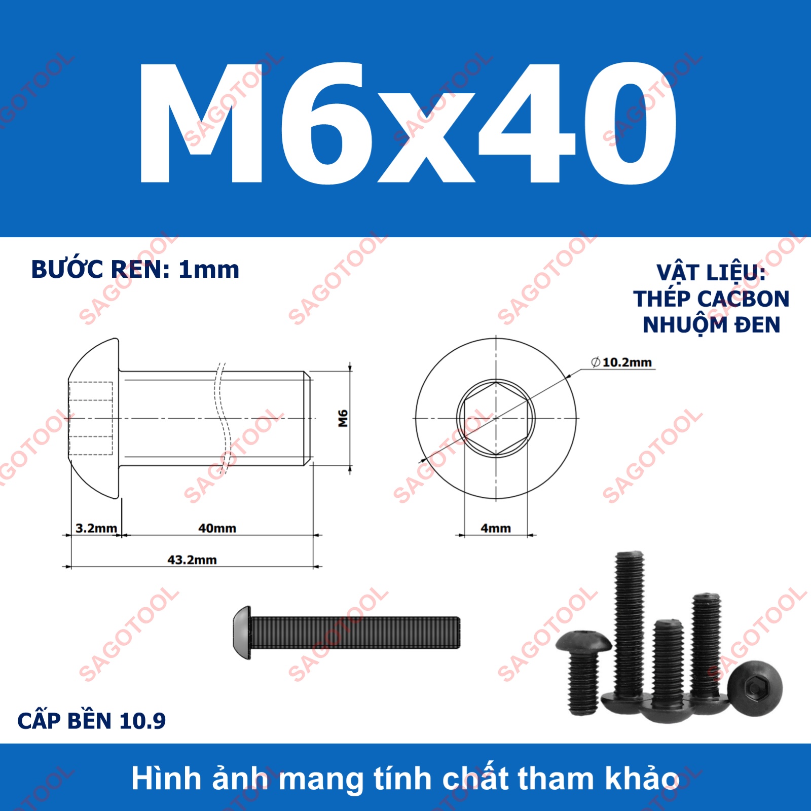 Ốc lục giác thép đen, Bulong lục giác đầu dù thép tôi đen cấp bền 10.9 đủ size (20 Con) - Ảnh 28