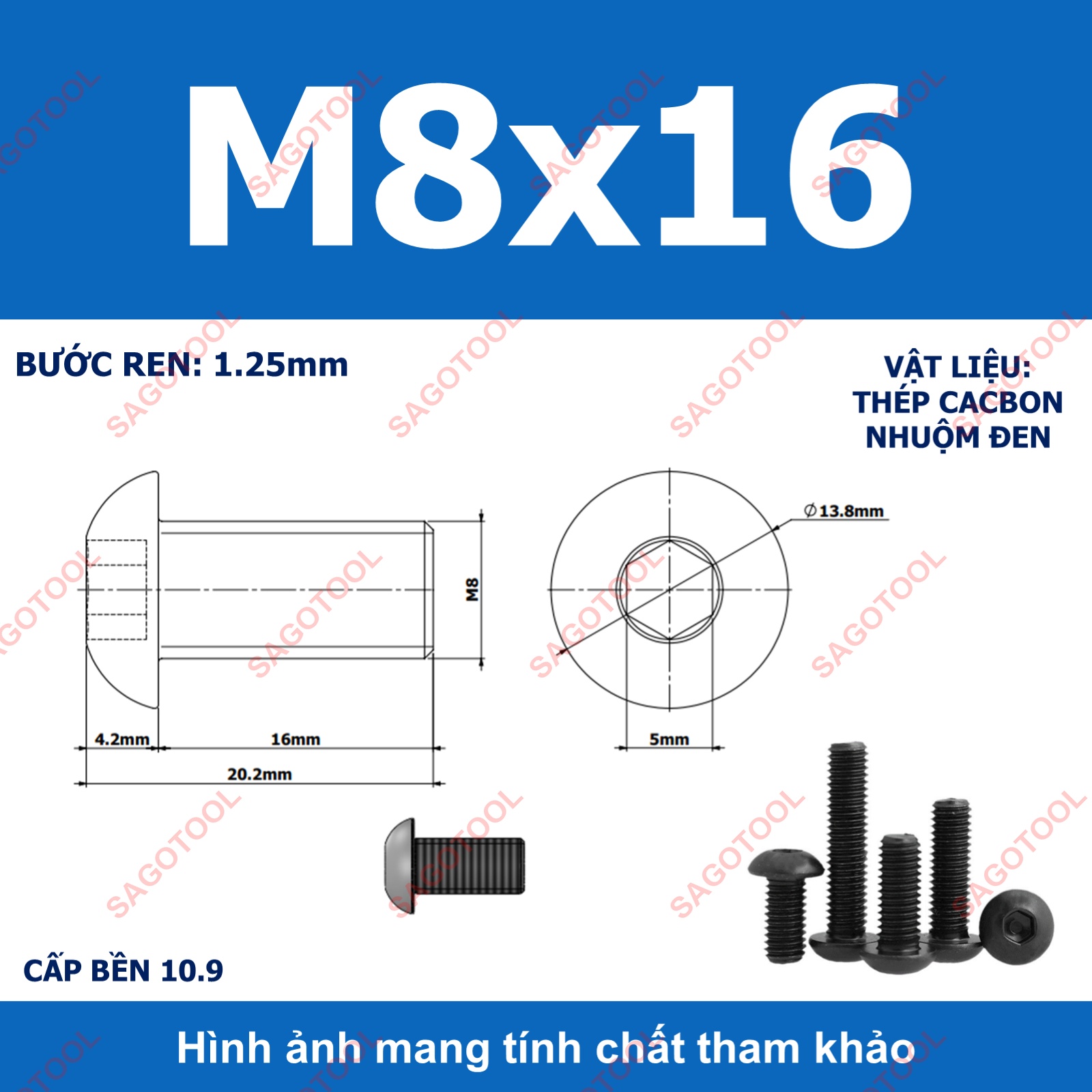 Ốc lục giác thép đen, Bulong lục giác đầu dù thép tôi đen cấp bền 10.9 đủ size (20 Con) - Ảnh 32