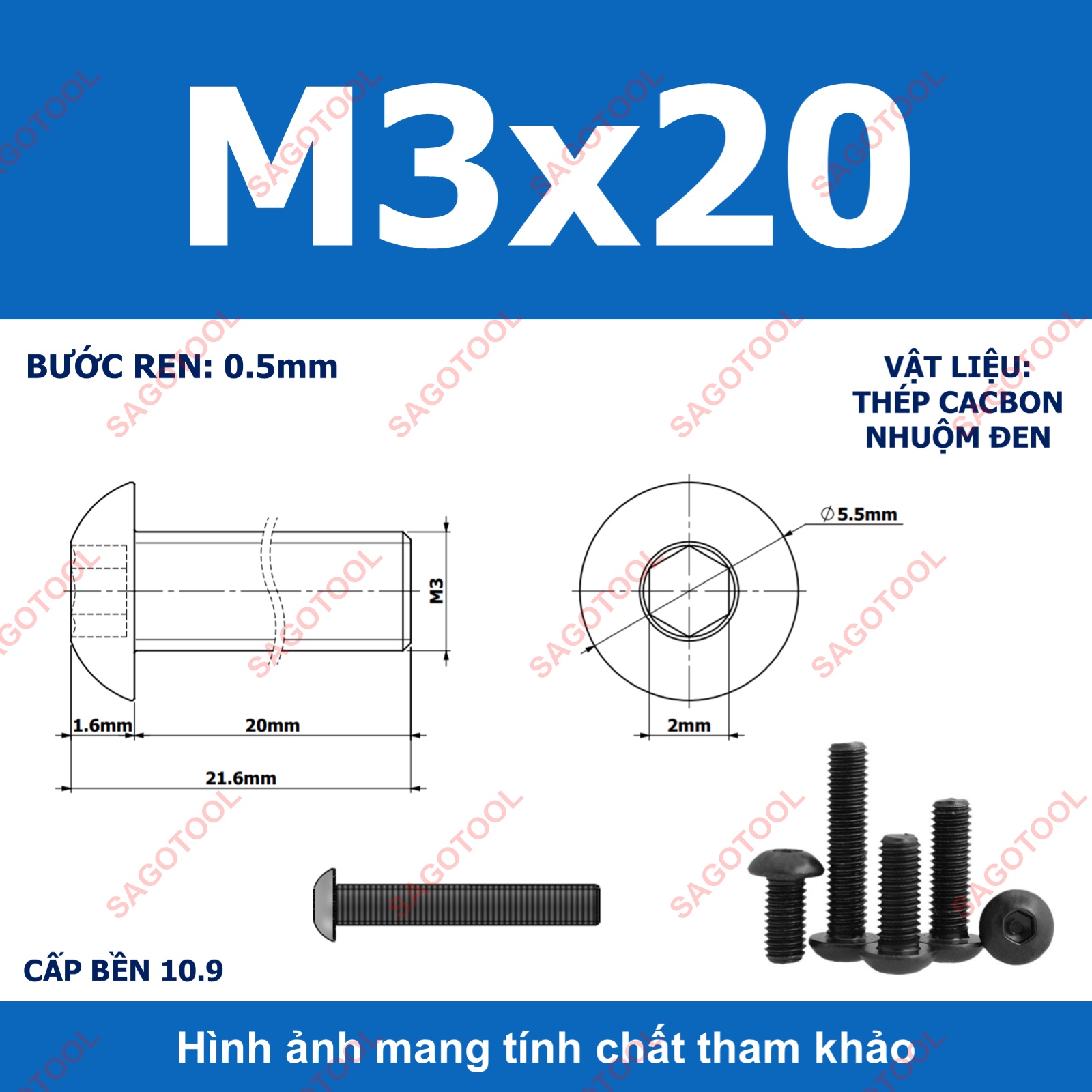 Ốc lục giác thép đen, Bulong lục giác đầu dù thép tôi đen cấp bền 10.9 đủ size (20 Con) - Ảnh 9