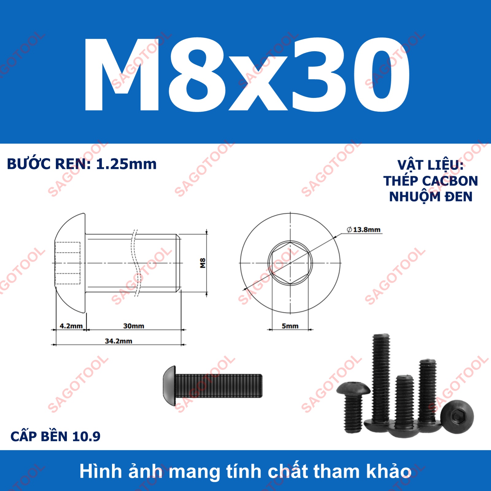 Ốc lục giác thép đen, Bulong lục giác đầu dù thép tôi đen cấp bền 10.9 đủ size (20 Con) - Ảnh 34