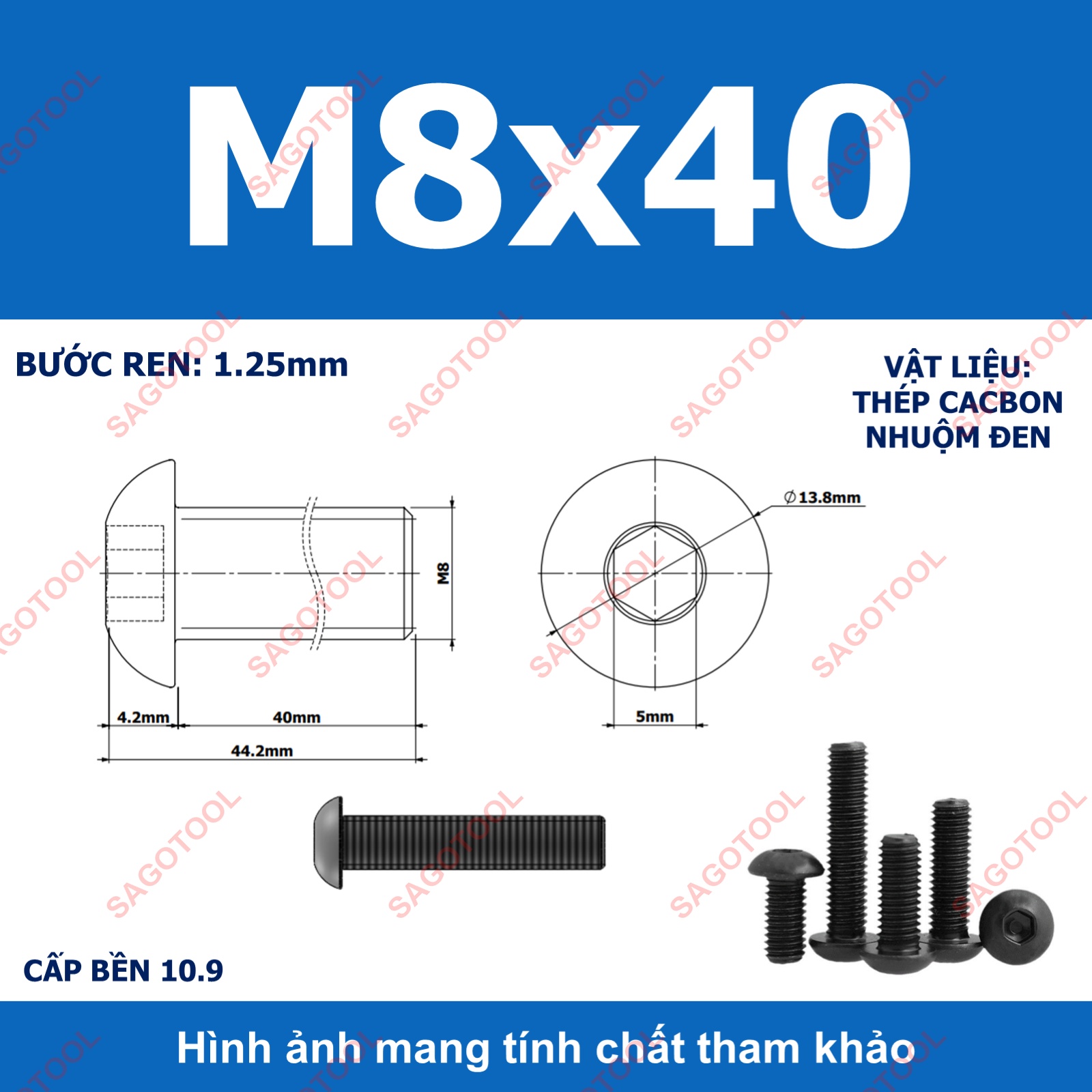 Ốc lục giác thép đen, Bulong lục giác đầu dù thép tôi đen cấp bền 10.9 đủ size (20 Con) - Ảnh 35