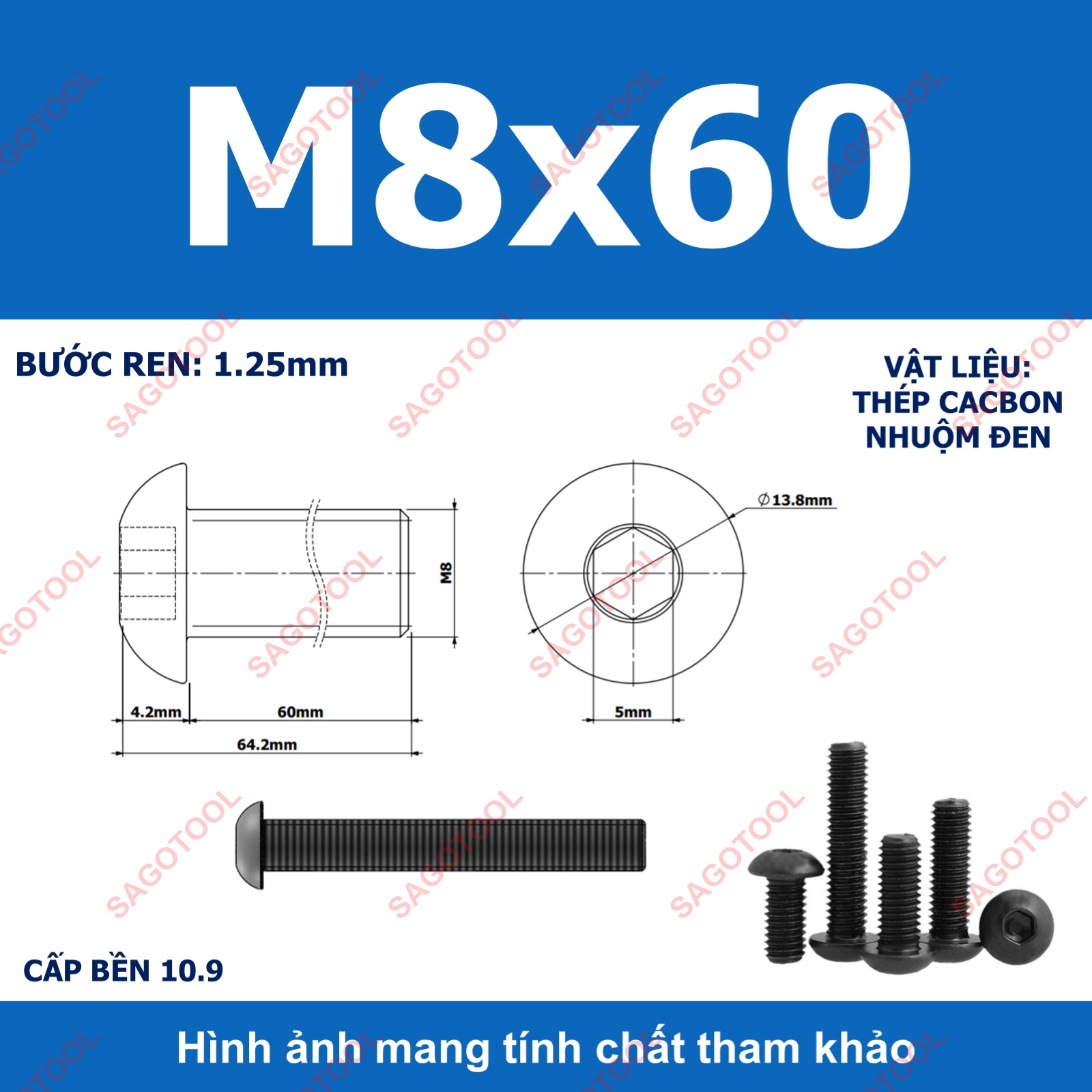 Ốc lục giác thép đen, Bulong lục giác đầu dù thép tôi đen cấp bền 10.9 đủ size (20 Con) - Ảnh 37