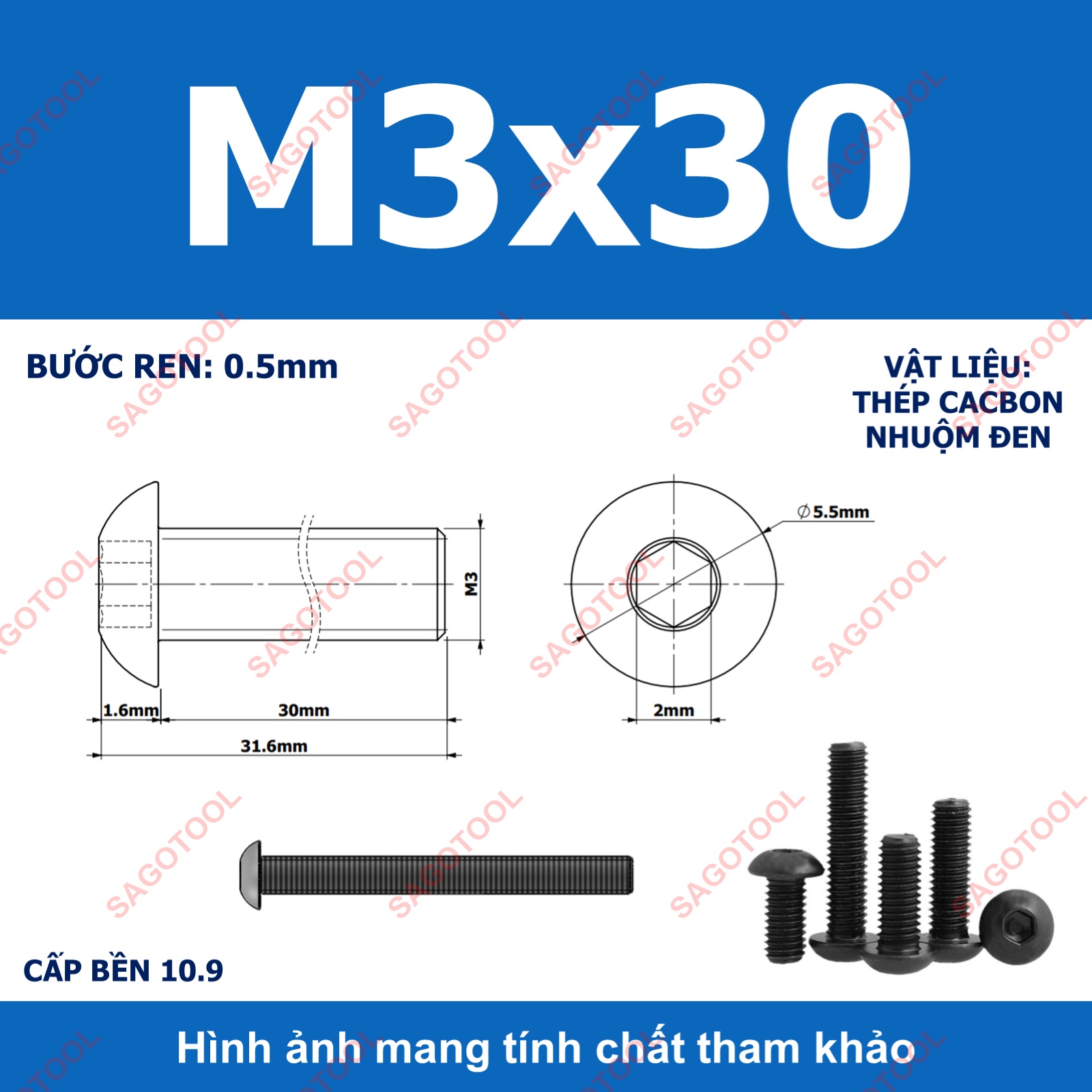 Ốc lục giác thép đen, Bulong lục giác đầu dù thép tôi đen cấp bền 10.9 đủ size (20 Con) - Ảnh 10