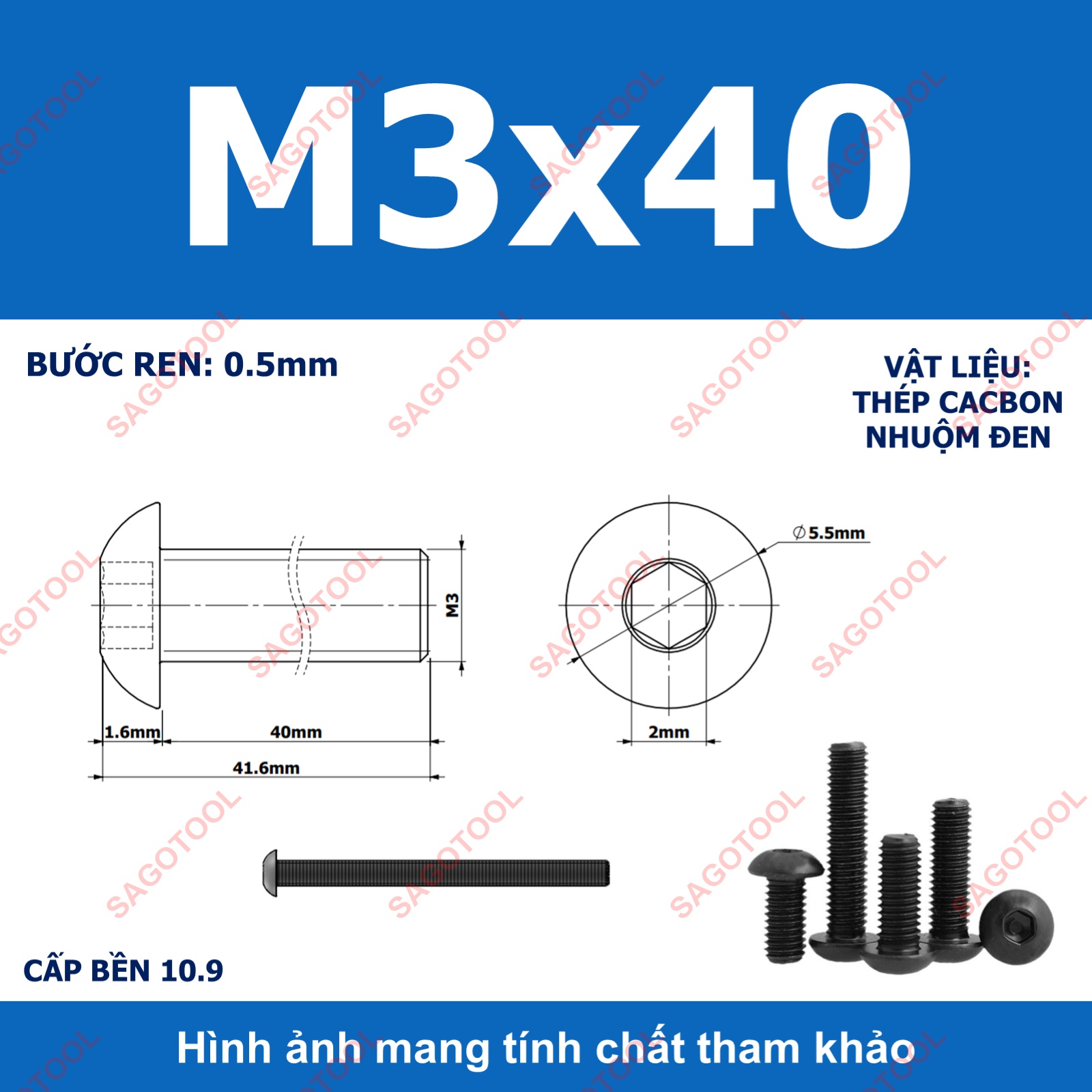 Ốc lục giác thép đen, Bulong lục giác đầu dù thép tôi đen cấp bền 10.9 đủ size (20 Con) - Ảnh 11