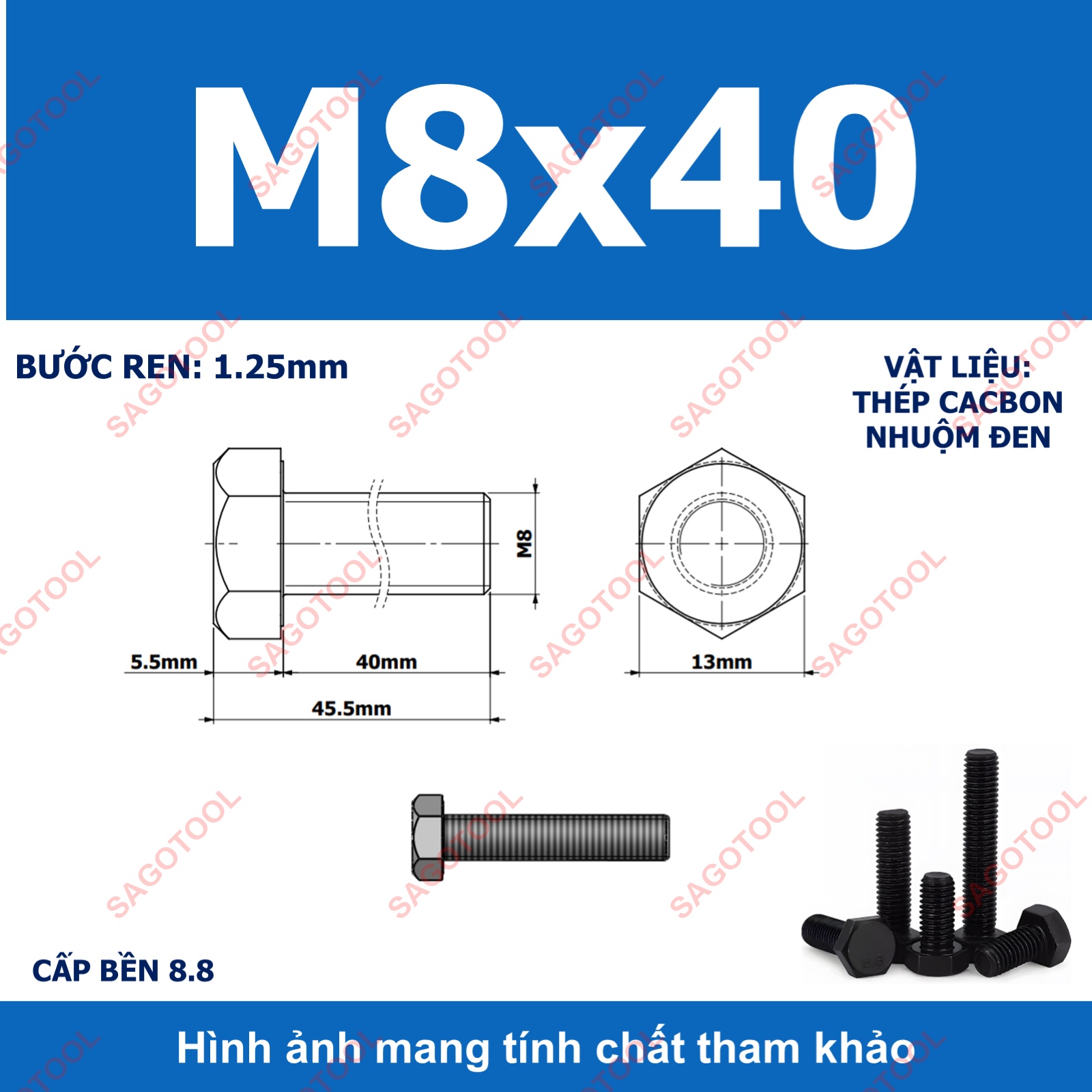 Bulong lục giác ngoài chịu lực thép đen M6 M8 M10 cấp bền 8.8 (10 con) - Ảnh 18