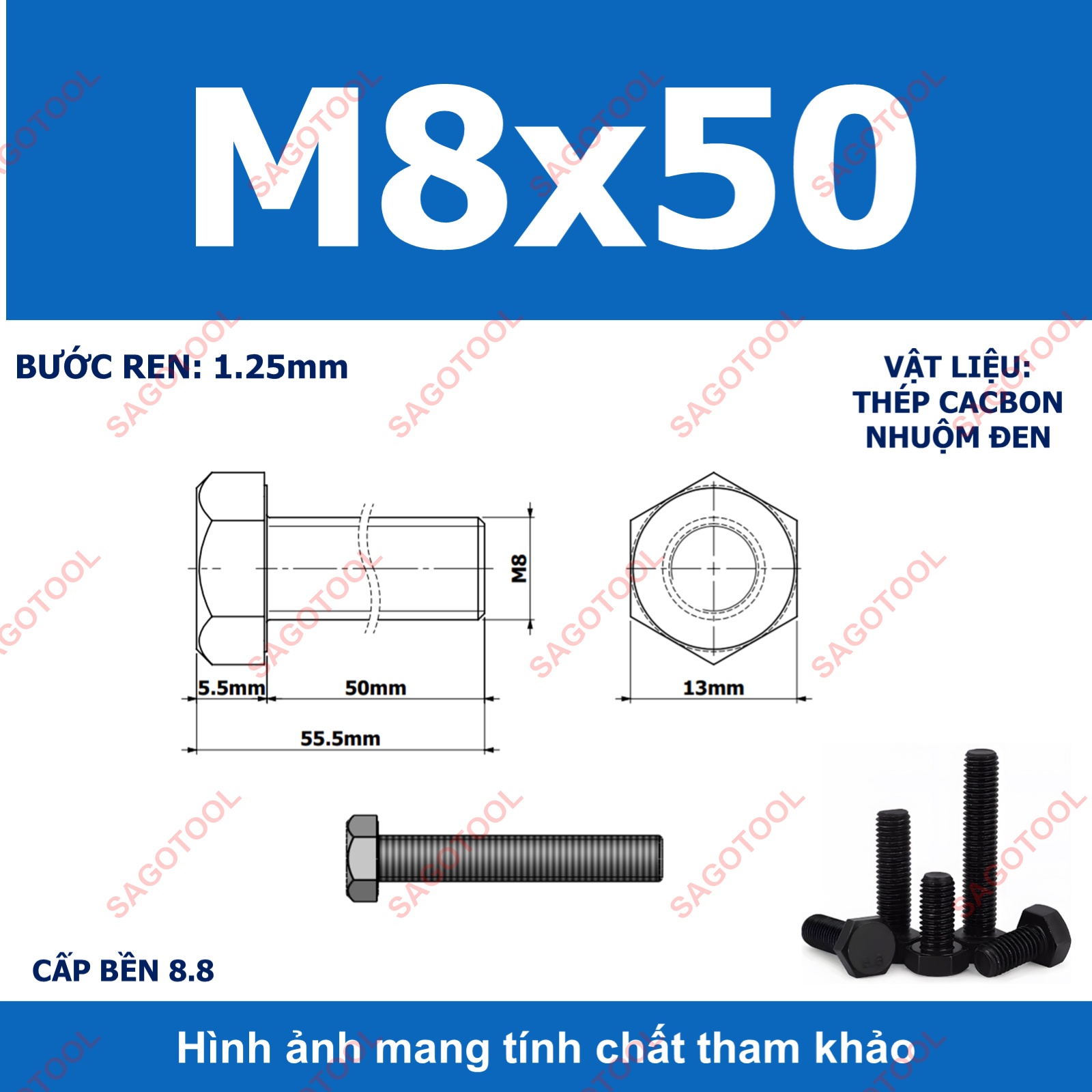 Bulong lục giác ngoài chịu lực thép đen M6 M8 M10 cấp bền 8.8 (10 con) - Ảnh 19