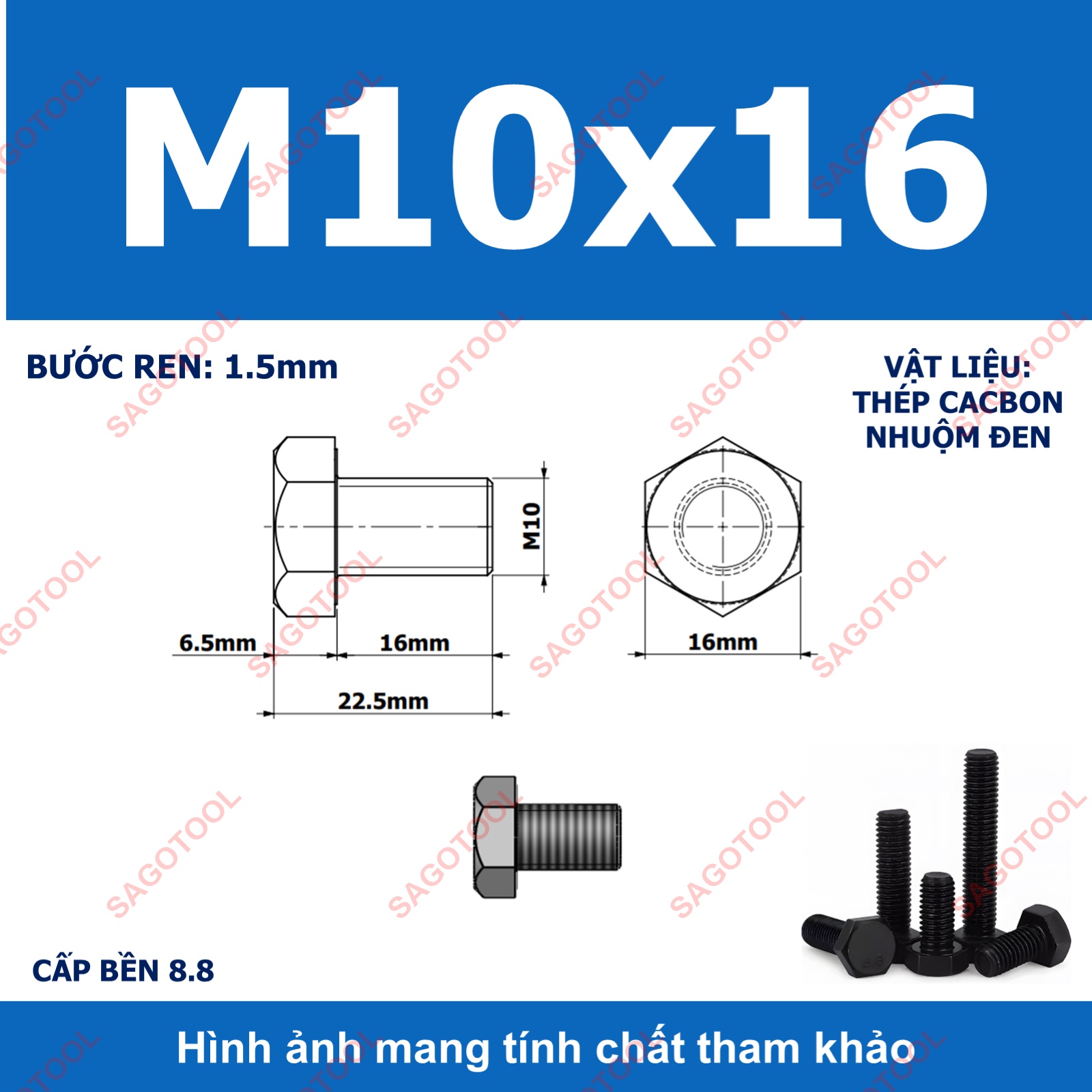 Bulong lục giác ngoài chịu lực thép đen M6 M8 M10 cấp bền 8.8 (10 con) - Ảnh 22