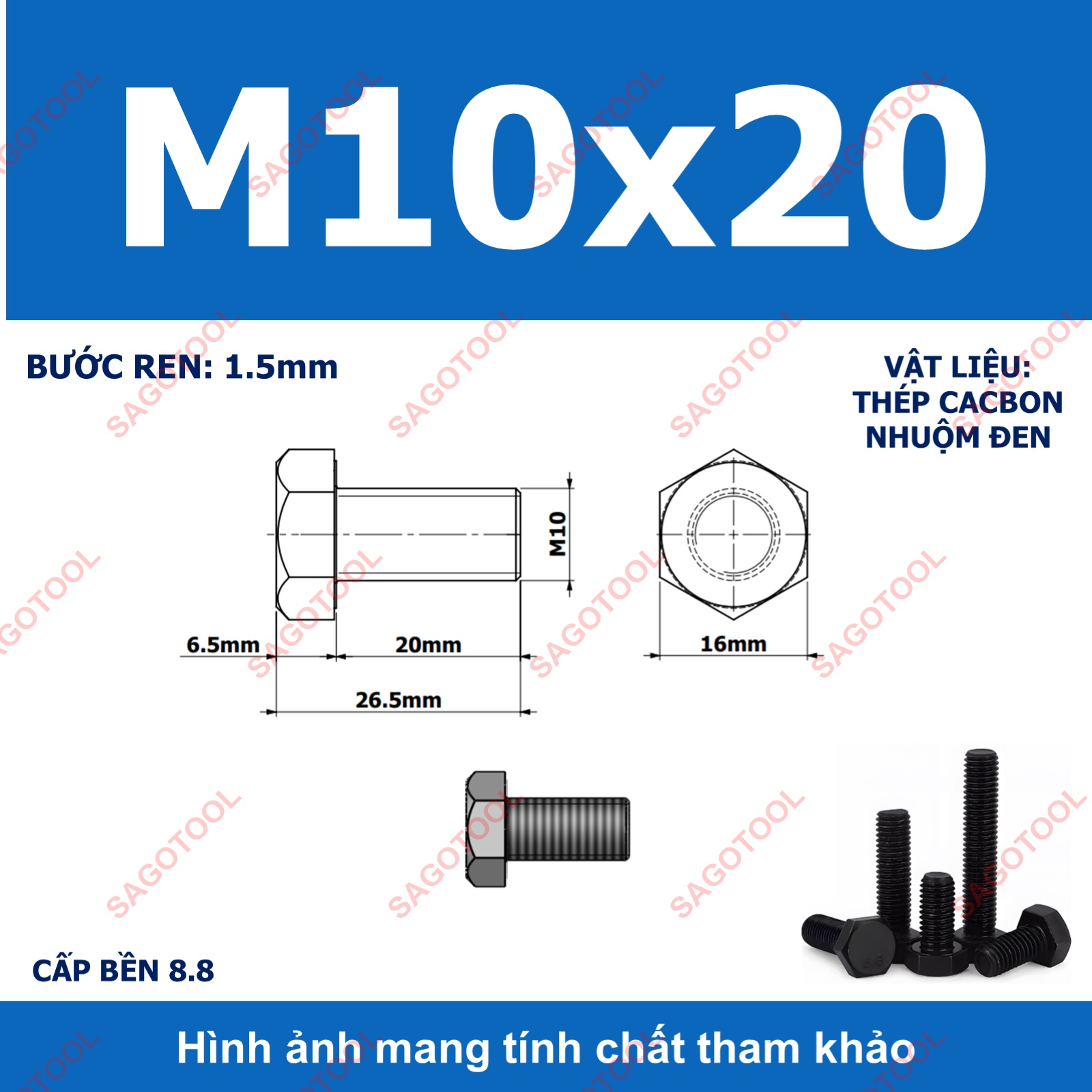 Bulong lục giác ngoài chịu lực thép đen M6 M8 M10 cấp bền 8.8 (10 con) - Ảnh 23