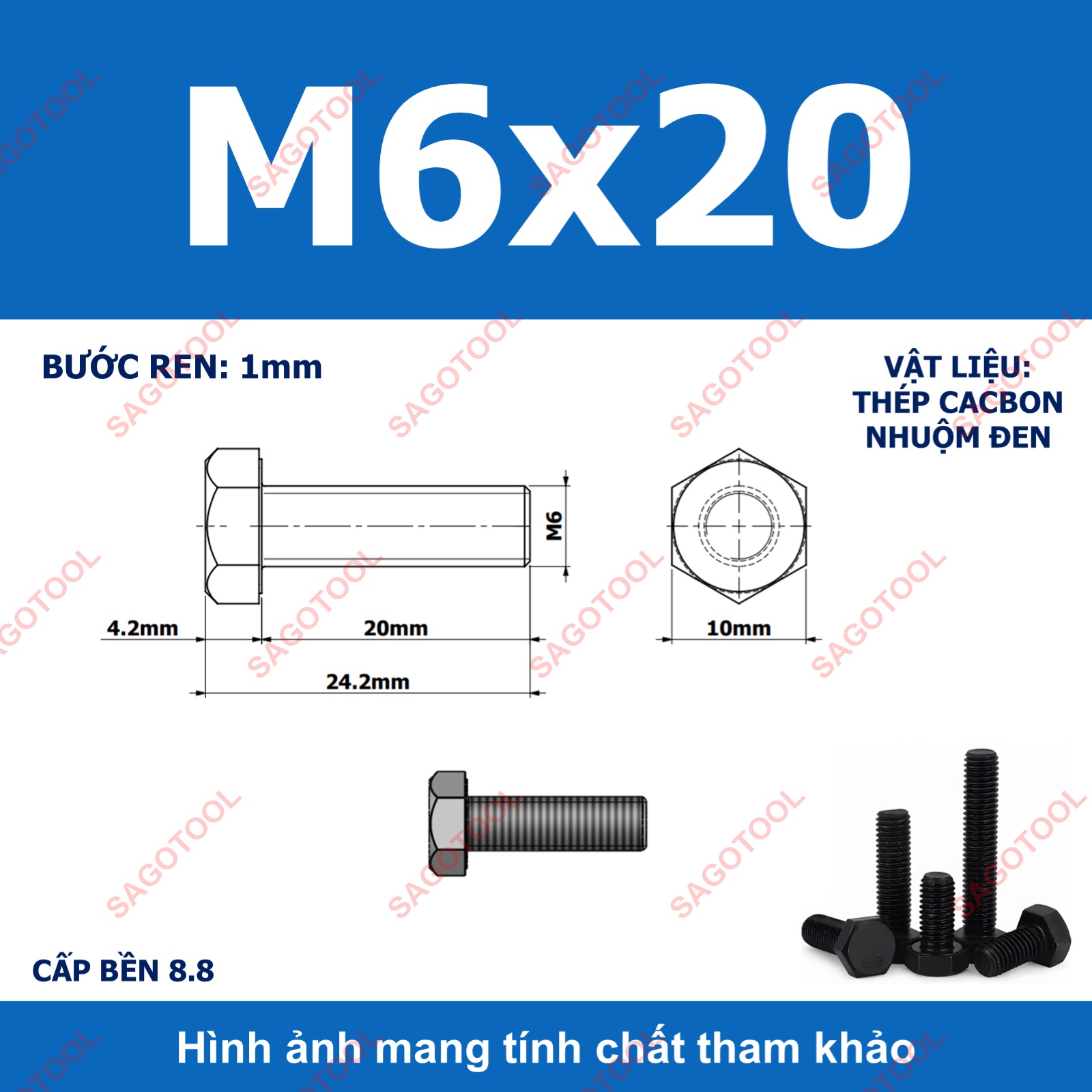 Bulong lục giác ngoài chịu lực thép đen M6 M8 M10 cấp bền 8.8 (10 con) - Ảnh 9