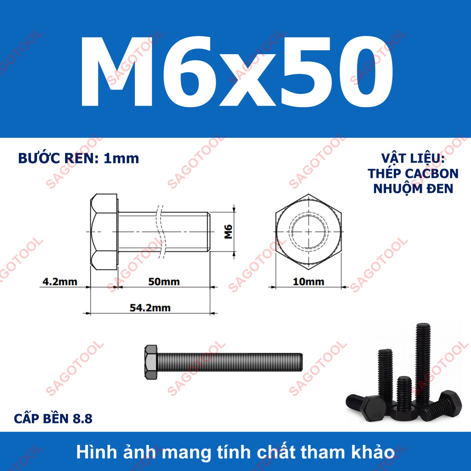 Bulong lục giác ngoài chịu lực thép đen M6 M8 M10 cấp bền 8.8 (10 con) - Ảnh 12