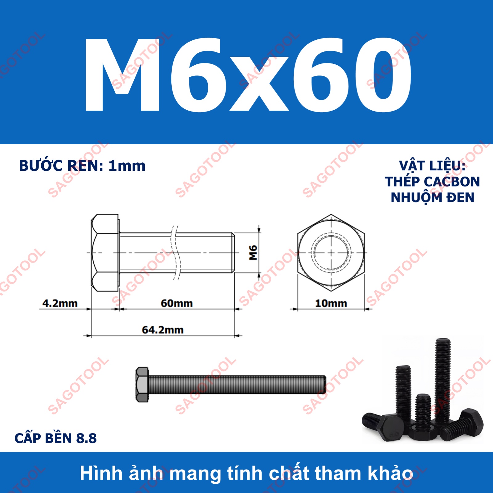 Bulong lục giác ngoài chịu lực thép đen M6 M8 M10 cấp bền 8.8 (10 con) - Ảnh 13