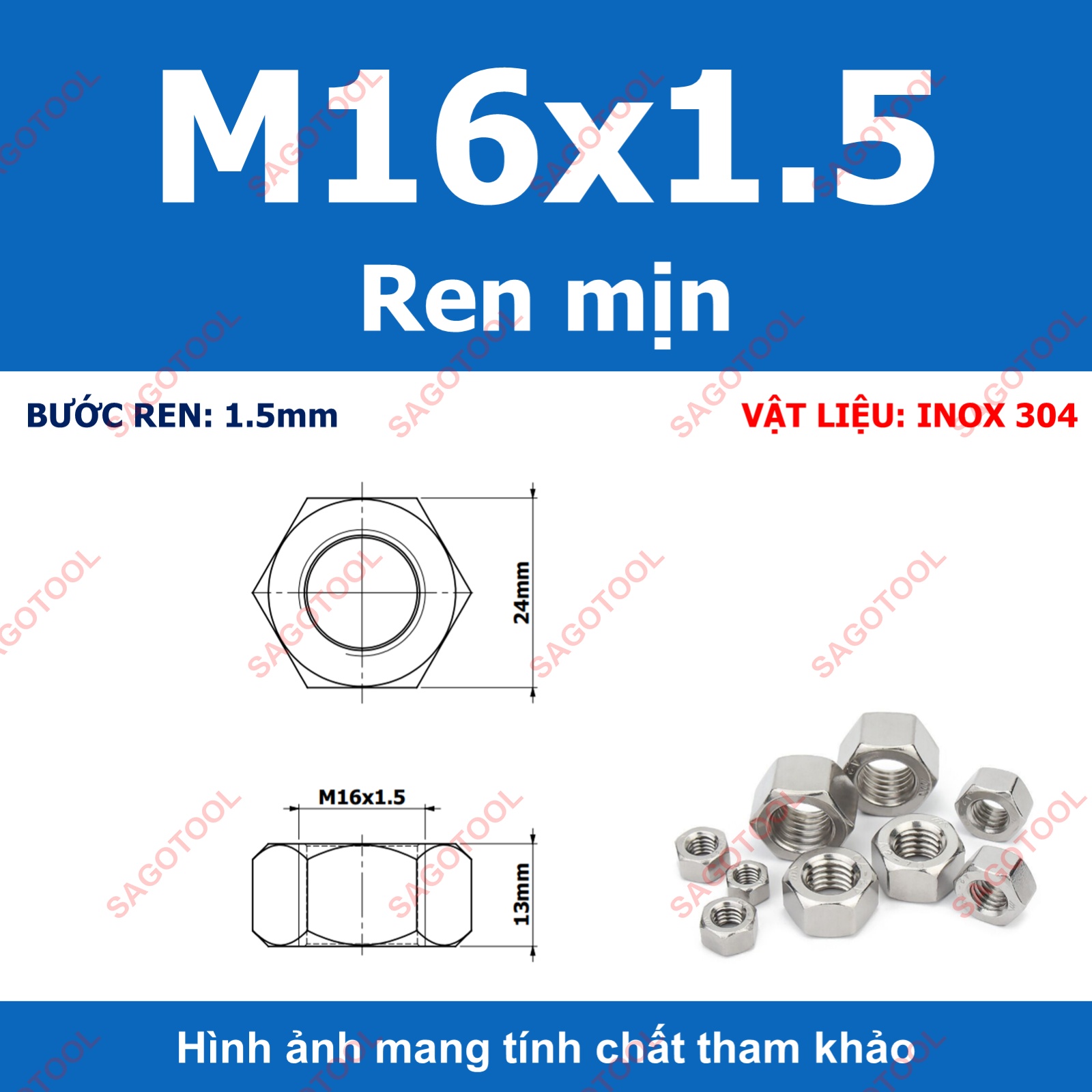 Đai Ốc inox 304 ren mịn, Tán Ecu ren nhuyễn Dùng Cho Bulong M4, M5, M6, M8, M10, M12, M16, M18, M20 - Ảnh 18