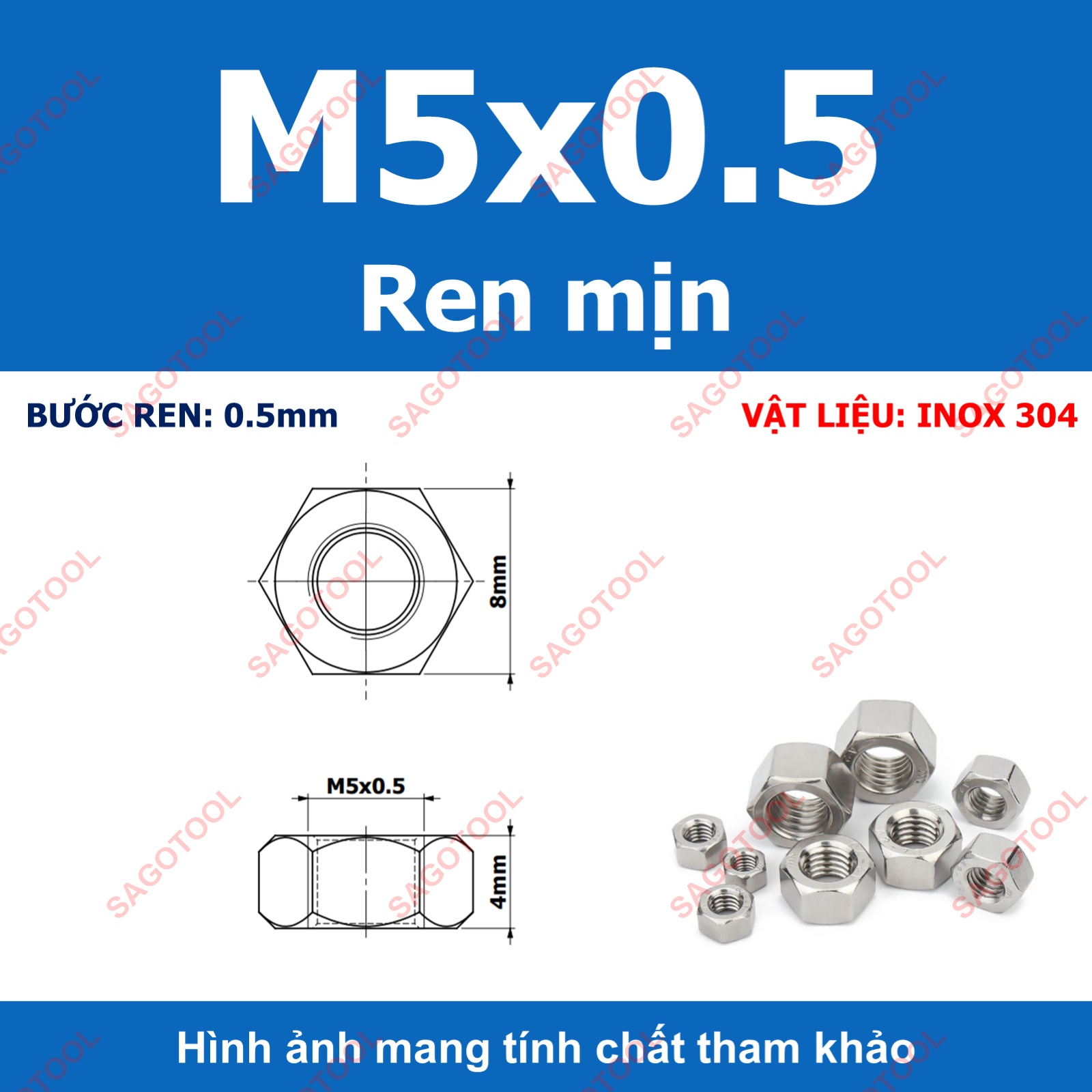 Đai Ốc inox 304 ren mịn, Tán Ecu ren nhuyễn Dùng Cho Bulong M4, M5, M6, M8, M10, M12, M16, M18, M20 - Ảnh 7